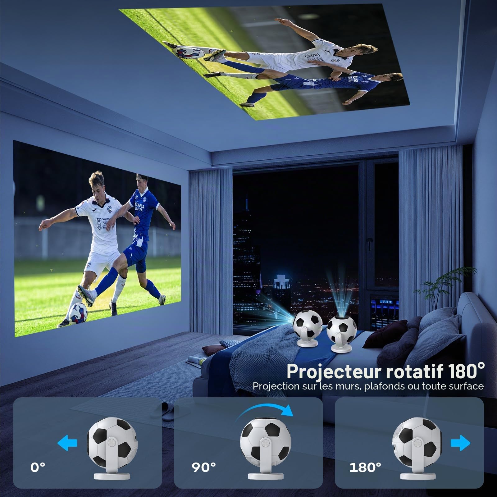 [Projecteur de Football] Mini Projecteur, Videoprojecteur avec WiFi 6 Bluetooth 5.4,Android 14,Supporte 4K,Auto Keystone Rotation 180° .Compatible HDMI/TV Stick/Laptop/Téléphones