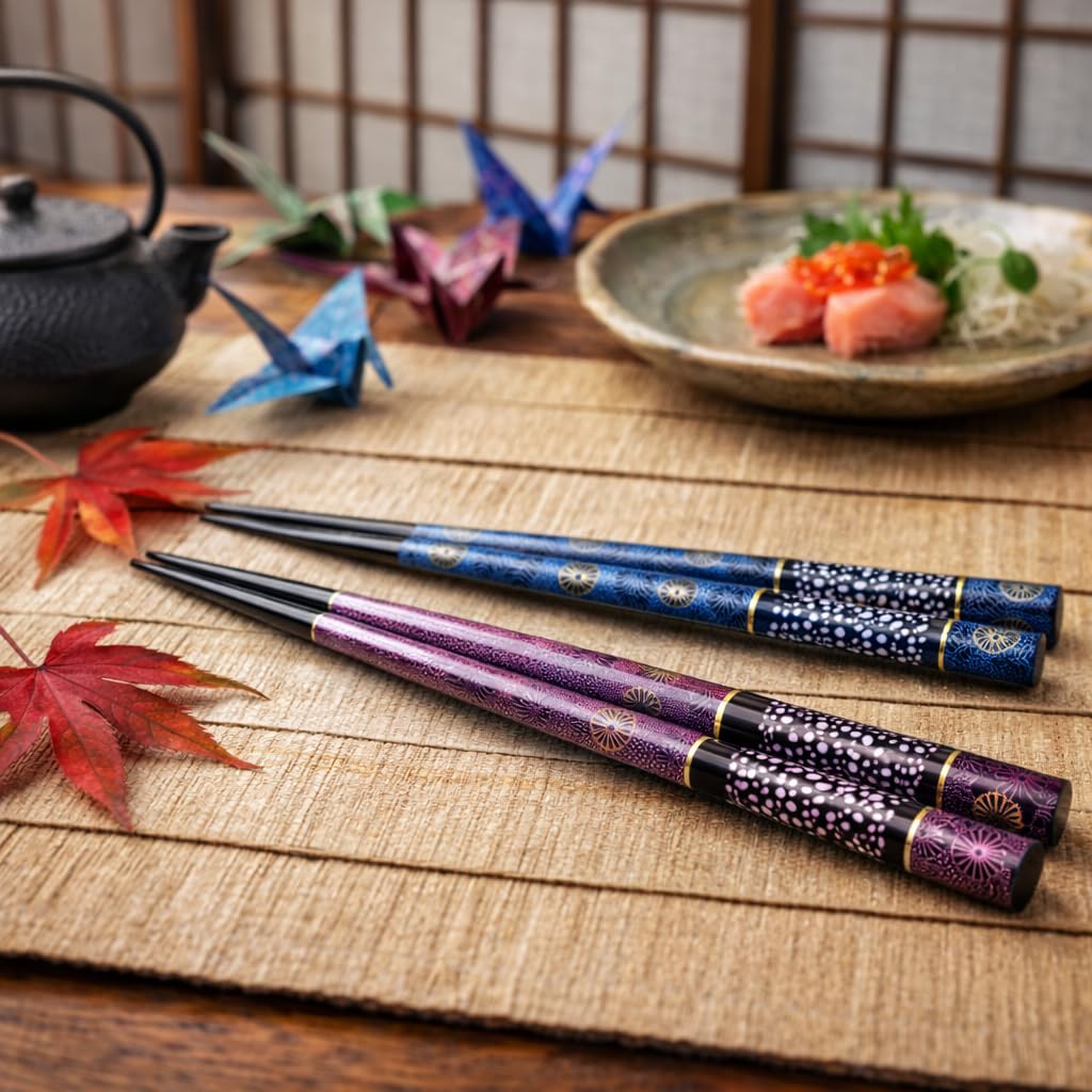 Premium Japanese Chopsticks Reusable 2pcs set [ Made in Japan ] Traditional Lacquer Art Wooden Chopsticks with Paper GIft Box B (Galaxy BL/PU(MK008 )) — Amazon image 4
