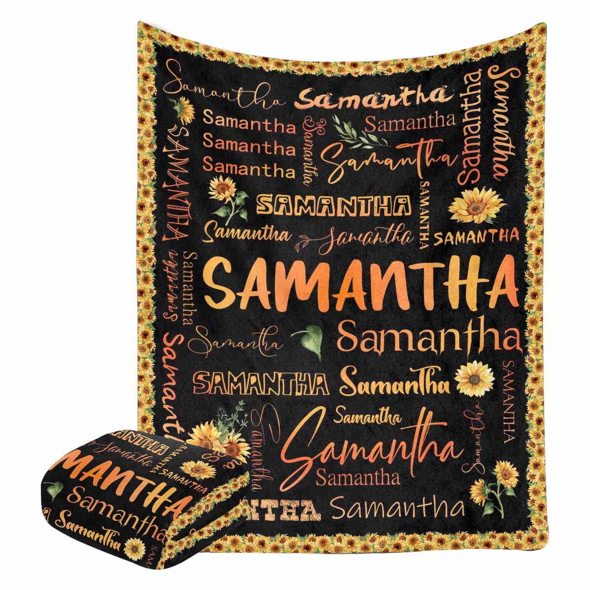 Custom Sunflowers Blanket with Name for Family Holiday Sofa Bed Decor, Personalized Floral Frame Super Cozy & Fuzzy Flannel Throws Different Font Blanket for Baby Boys & Girl Family 30