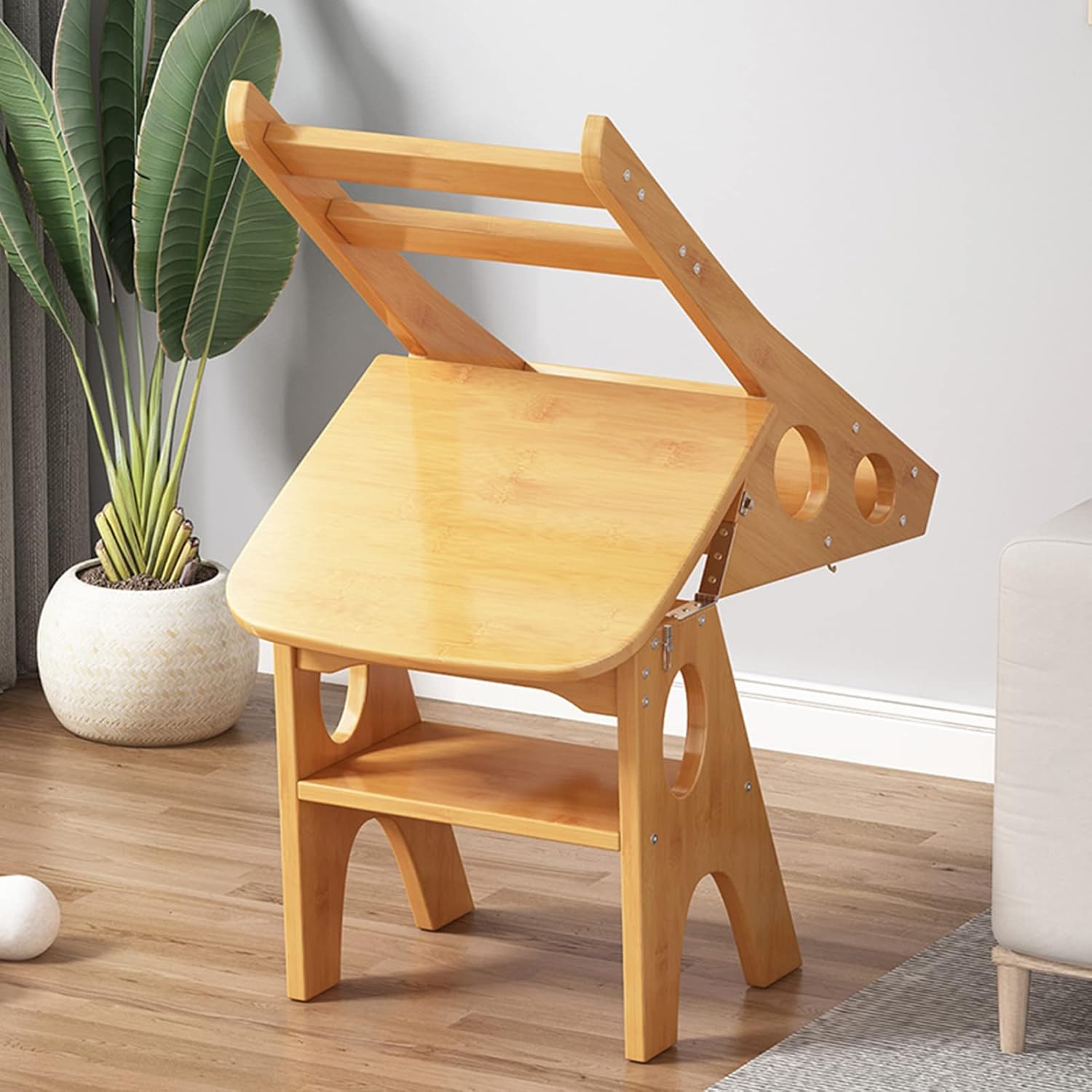 Household Multi-Function Step Stool Foldable 4-Step Ladder Stool, Indoor and Outdoor Dual-use Step Stool Bamboo Climbing Foot Stool