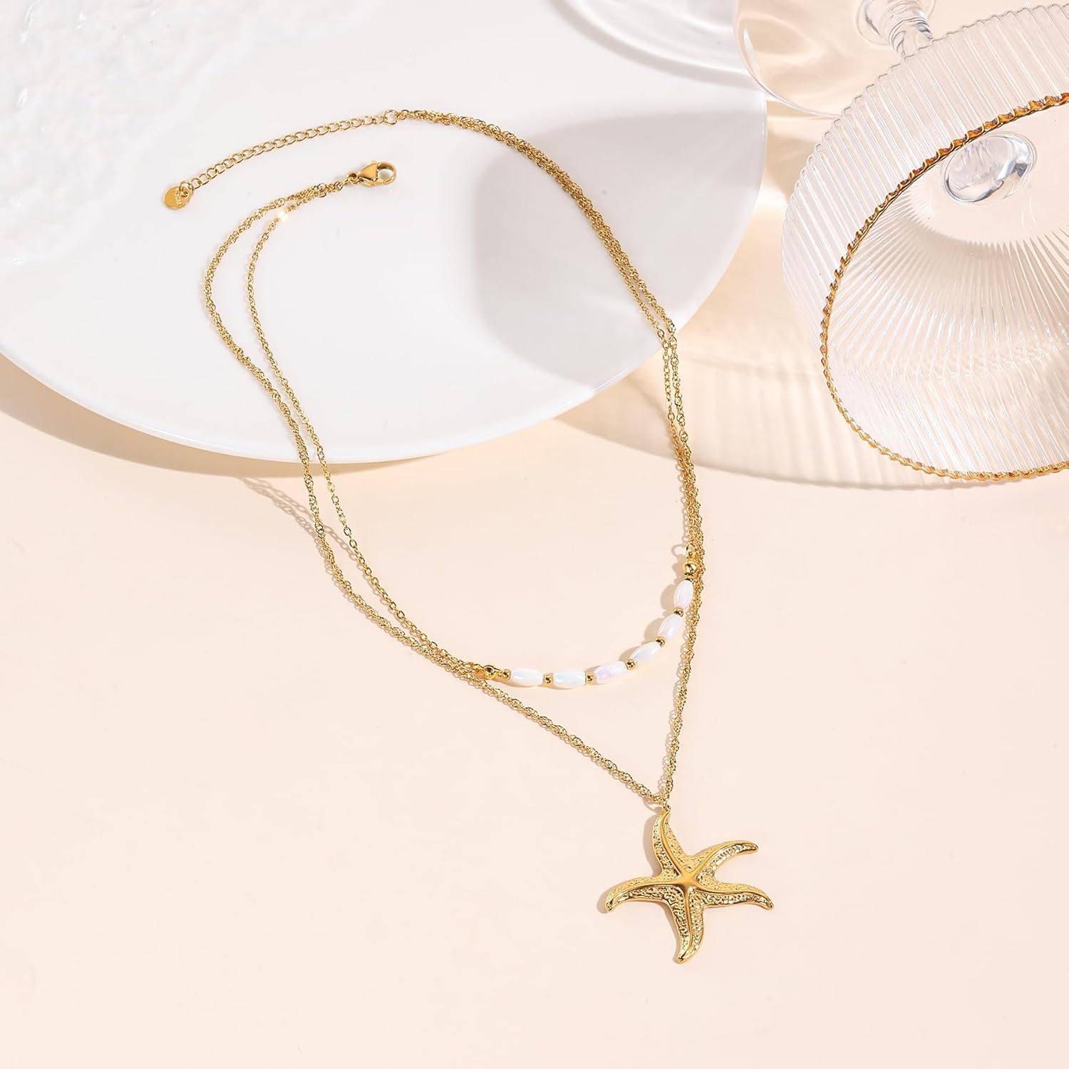 14K Gold Plated Sea Shell Starfish Layer Charm Necklace for Women, Statement Chunky Layered Boho Summer Seashell Necklace Ocean Beach Jewelry Gifts Vacation Summer Outfits for Women - Image 2