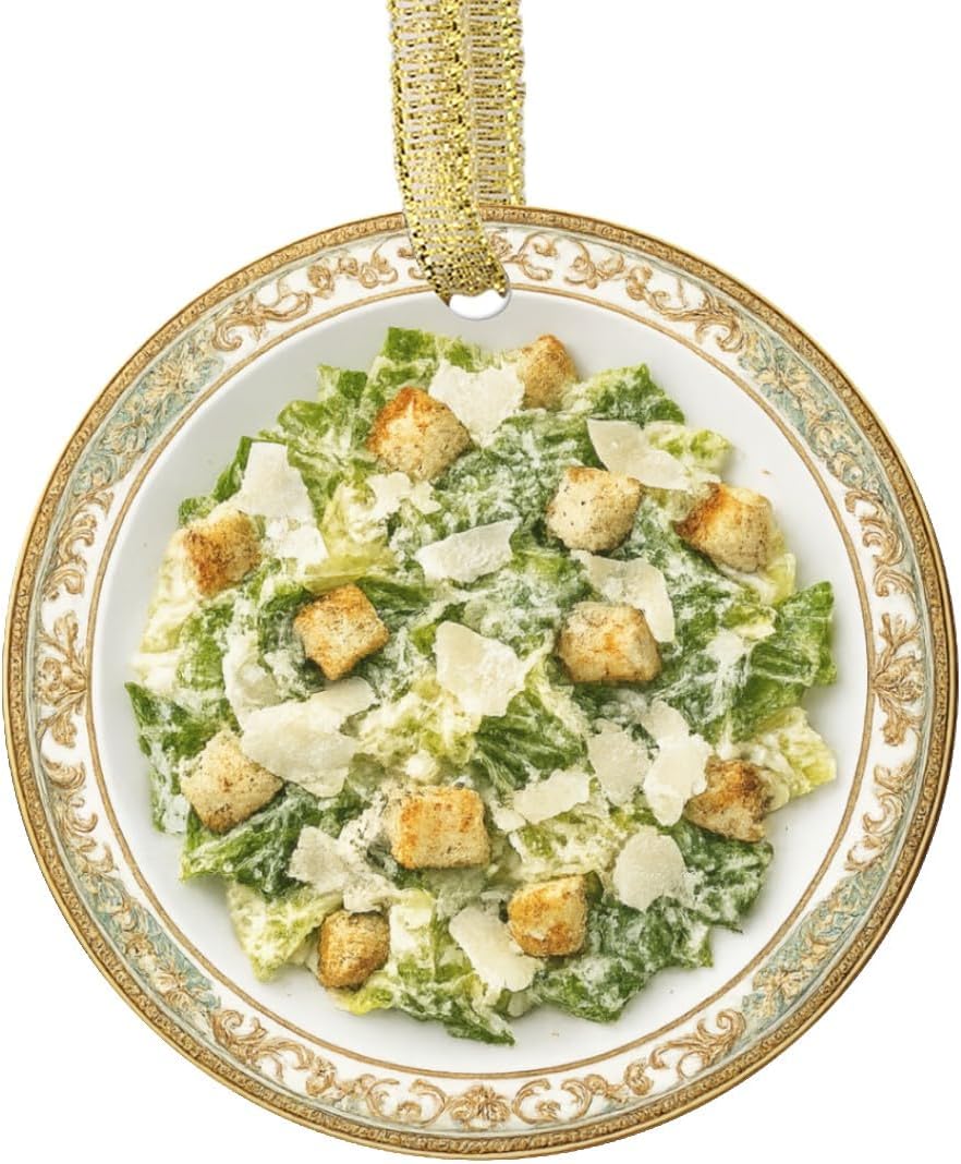Caesar Salad Romaine Lettuce Parmesan Croutons Creamy Dressing Fresh Salad Dish Food Flat Printed Image on Ceramic Ornament – NOT 3D, Double-Sided Design, Christmas Ornament, Foodie Gift,