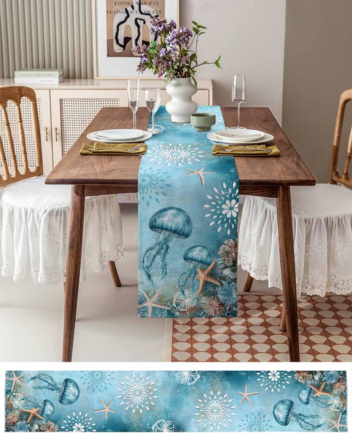 Jellyfish Coastal Table Runner 120 Inches Long, Blue Nautical Starfish Farmhouse Dress Scarves, Vintage Ocean Floral Dining Tablerunner for Coffee Table/Kitchen Island/Party Décor, 13" x 120"
