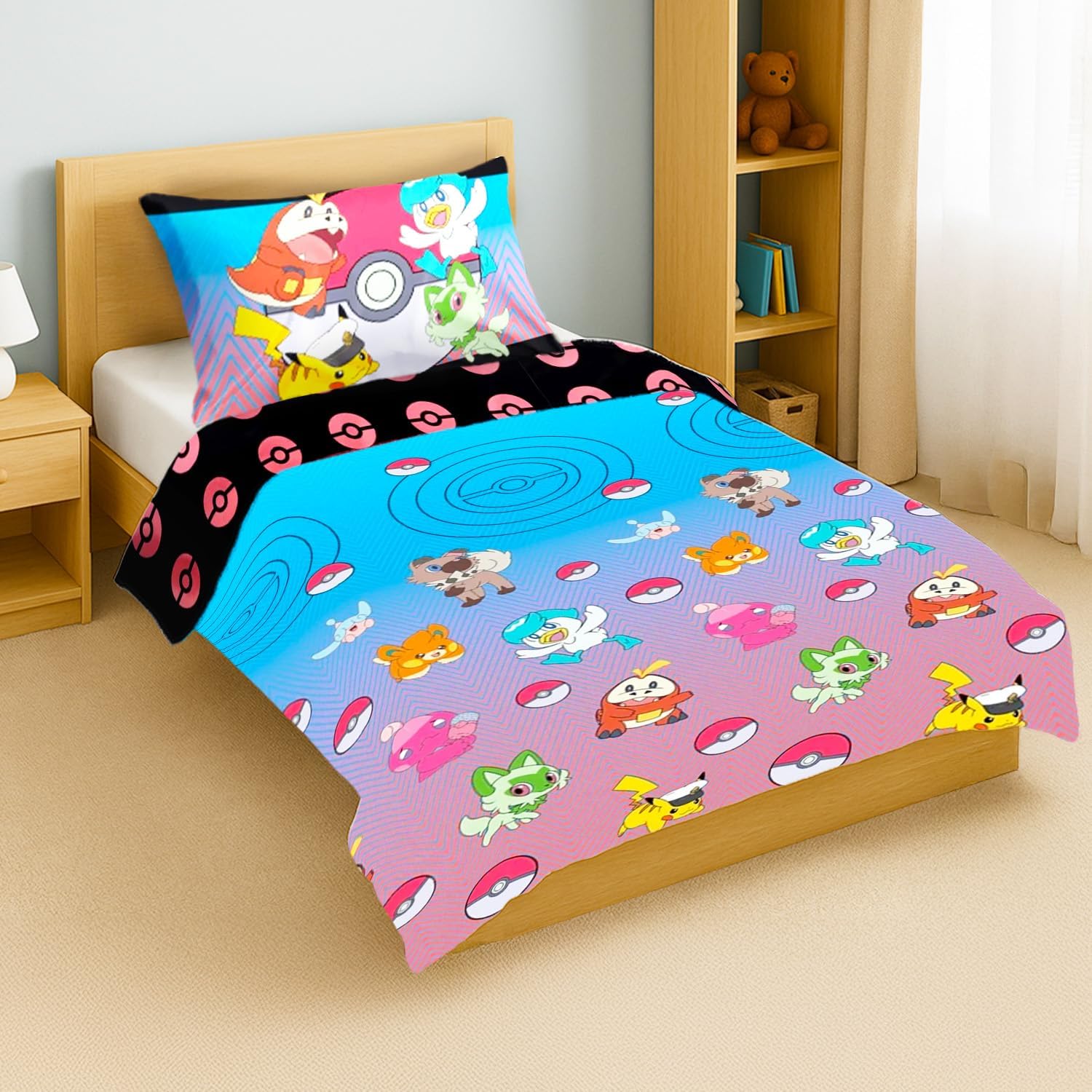 Pokemon Bedspread Twin Set for Kids - Bundle with Reversible Cartoon Quilted Bedspread for Twin/Full Bed Plus Pillowcase, Stickers, More | Pokemon Twin Bedding Set for Boys, Girls
