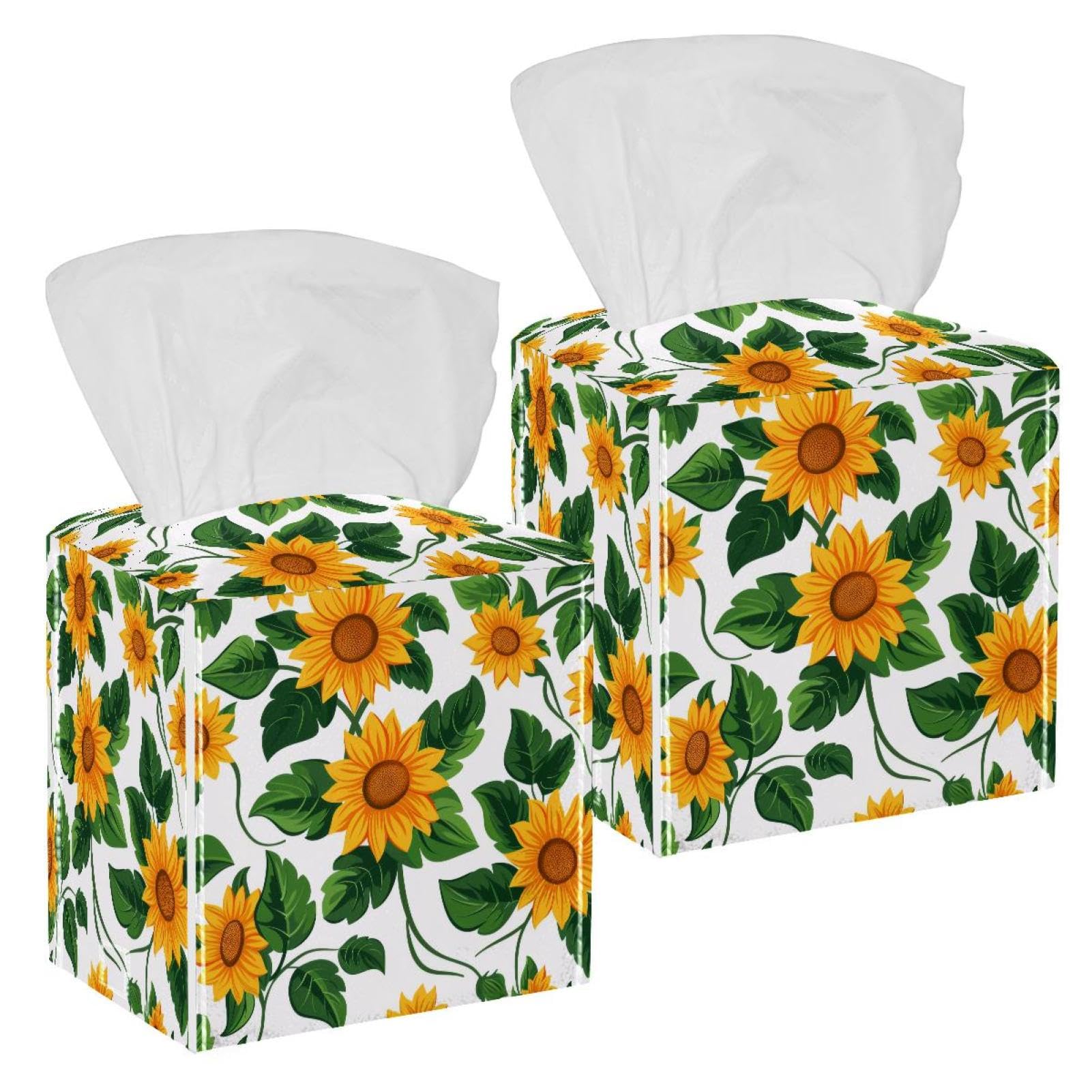 Sunflowers Tissue Box Cover, 2 Pack PU Leather Square Facial Tissue Dispenser Box holder for Home Office Car