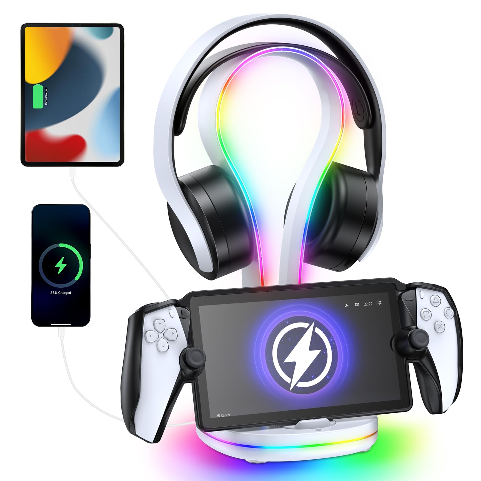 FYOUNG Gaming Headset Holder with Charging Dock Station for Playstation Portal Atmosphere Light Stand with Magnetic Charging Headphone