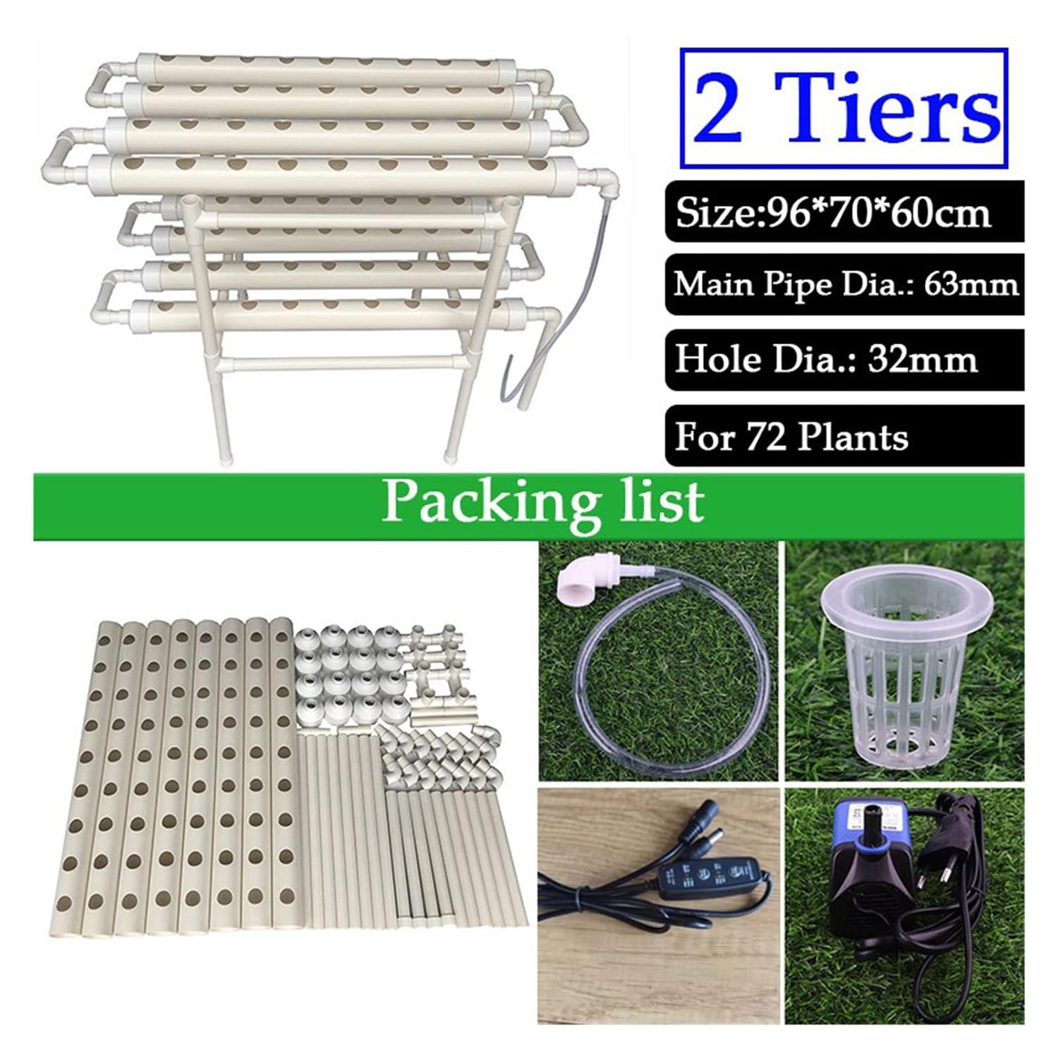 Kit de Cultivo hidropónico, Kit de Cultivo hidropónico de 2 Niveles con 72 Orificios, Sistemas hidropónicos de PVC, Sistemas hidropónicos sin Suelo, 110 V