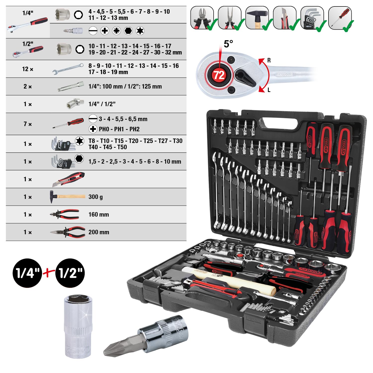 KS Tools 1/4 +1/2 CHROMEplus jeu d'outils universels, 97 pcs