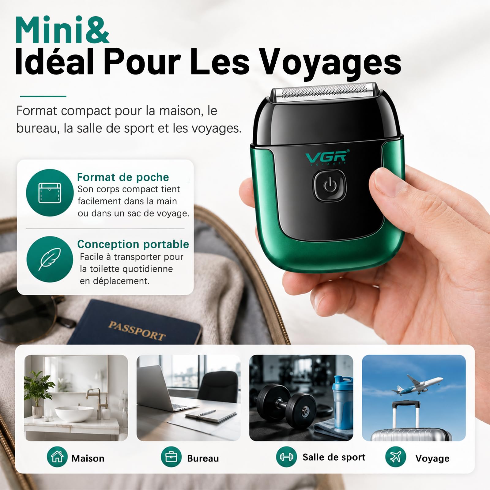 VGR 380 Mini Rasoir Electrique Avec Cadenas De Voyage, Étanche IPX6, Vert