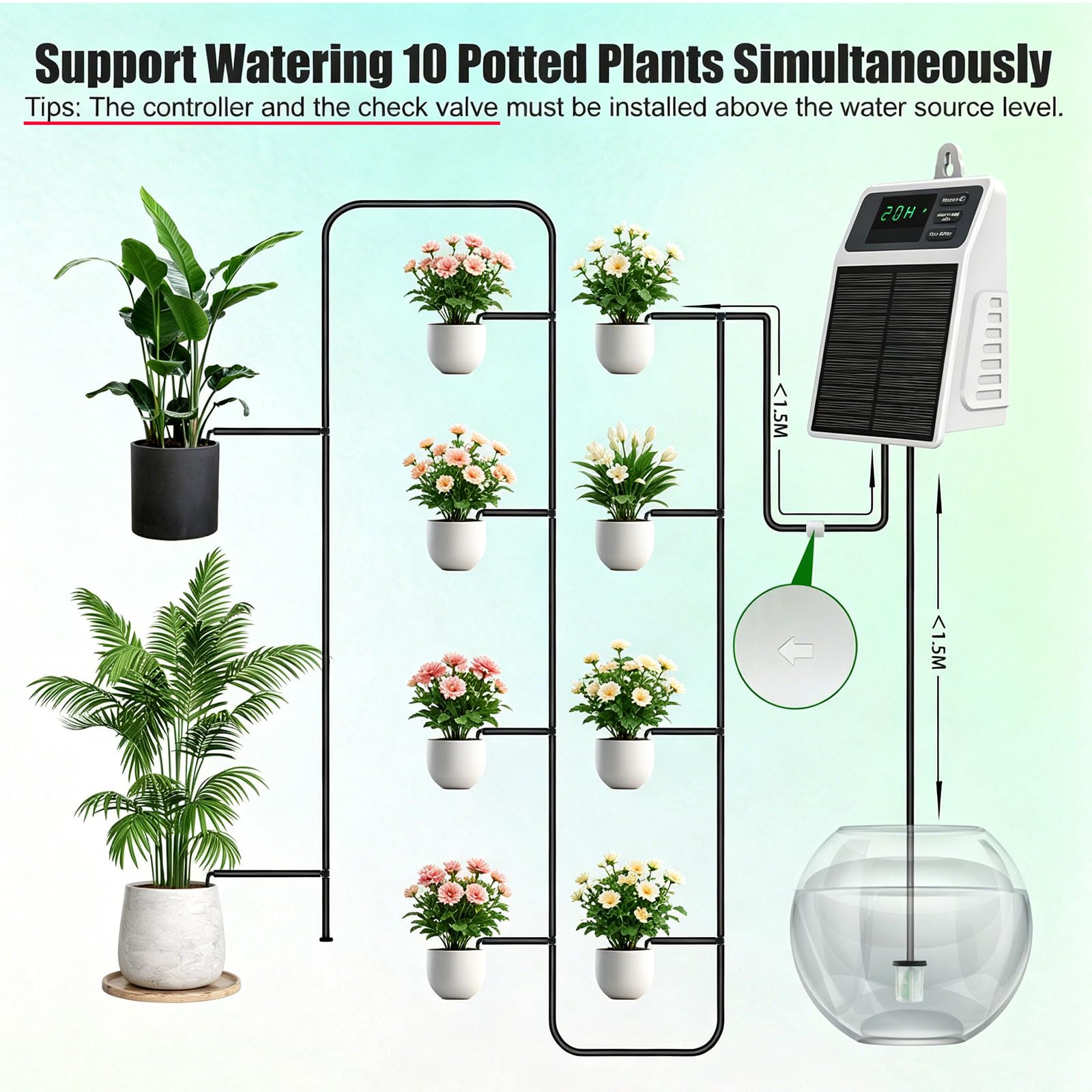 Sistema de riego automático por goteo solar con manguera de riego de 10 m | Bomba automática de riego de jardín, sistema de riego para jardín, plantas en macetas, invernadero, patio, interior, exterior