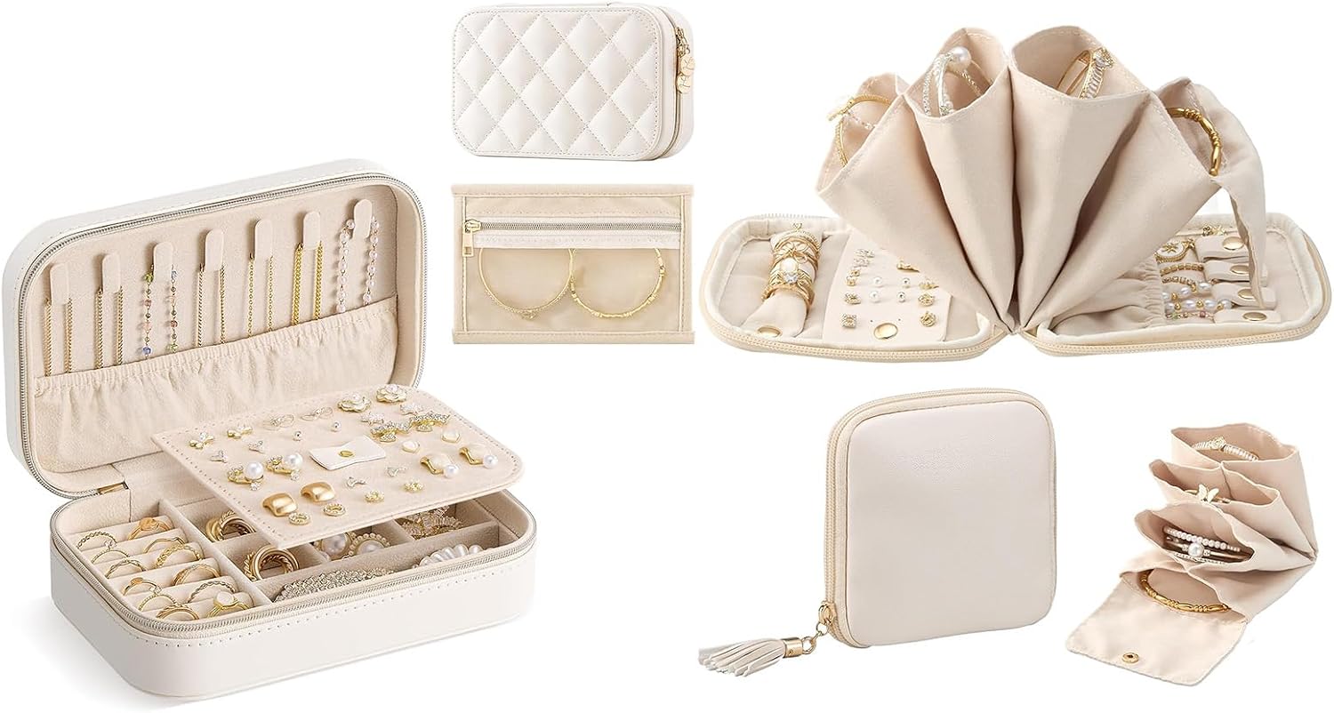Lolalet Beige Medium Travel Jewelry Case with Clear Storage Bag and Cloud White Travel Jewelry Case Organizer Bundle, Jewelry Travel Storage Solution