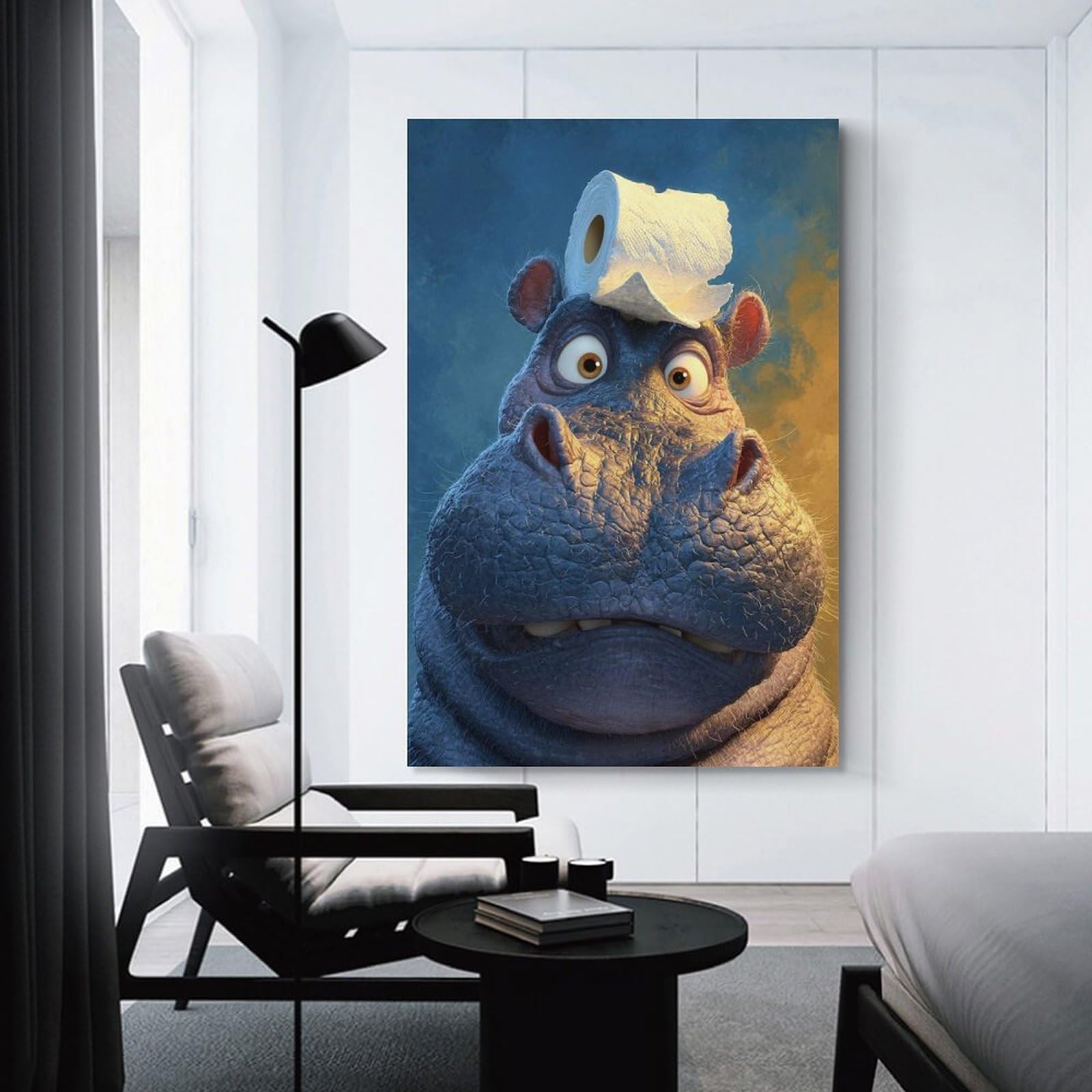Junmoney Hippo with Toilet Paper on Head Canvas Art Print 12x18inch(30x45cm), for Feature Walls in Flats Or Modern Rooms, Ideal for Building A Coordinated Art Wall