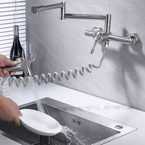 Miniatura 5 de Grifo de fregadero de cocina de níquel cepillado, centro de 8 pulgadas, grifo comercial plegable con rociador lateral, relleno de olla