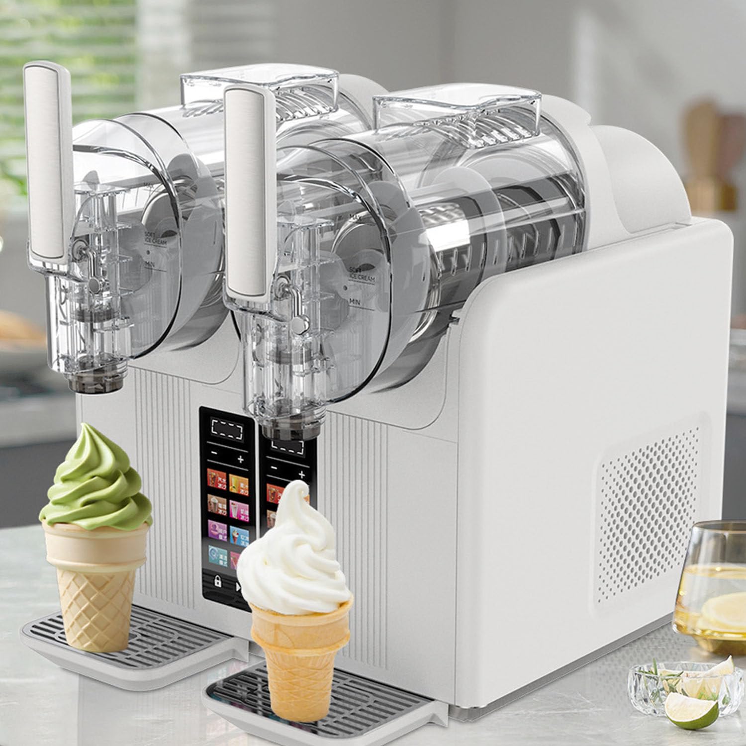 GTANND Automatic Home/Commercial Slushy Maker, Double-Cylinder Ice Cream Machine, Fully Automatic Beverage Smoothie Maker, Snow Melting Machine, Shaved Ice Machine White
