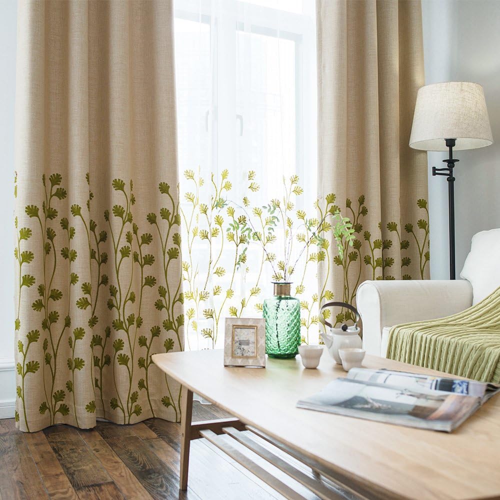 Melodieux Plant Embroidery Faux Linen Blackout Wide Curtains for Living Room Patio Door Large Window Grommet Drape, 1 Panel, 100 by 84 Inch, Beige/Green