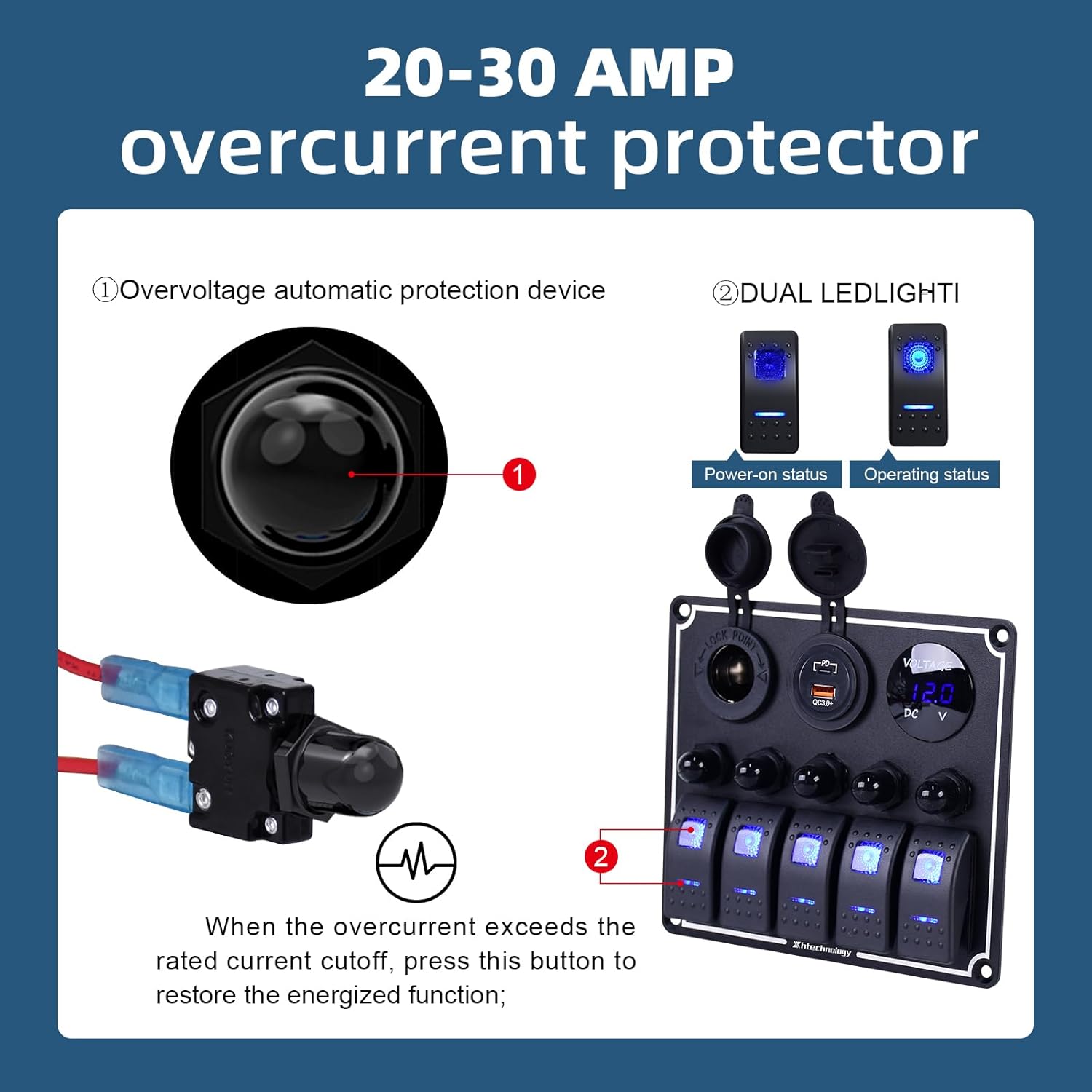 5 Gang Marine Boat Switch Panel with Dual USB Charger & Voltmeter, Waterproof Aluminum Rocker Switch Panel for Marine Automotive Truck RV Trailer with Lighter Socket Press Protector, 12/24V Black