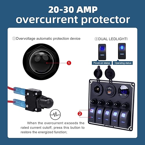 Vista 69 de Panel de interruptor de palanca impermeable de 6 cuadrillas 12V/24V Panel de interruptor basculante de aluminio con cargador USB doble, voltímetro