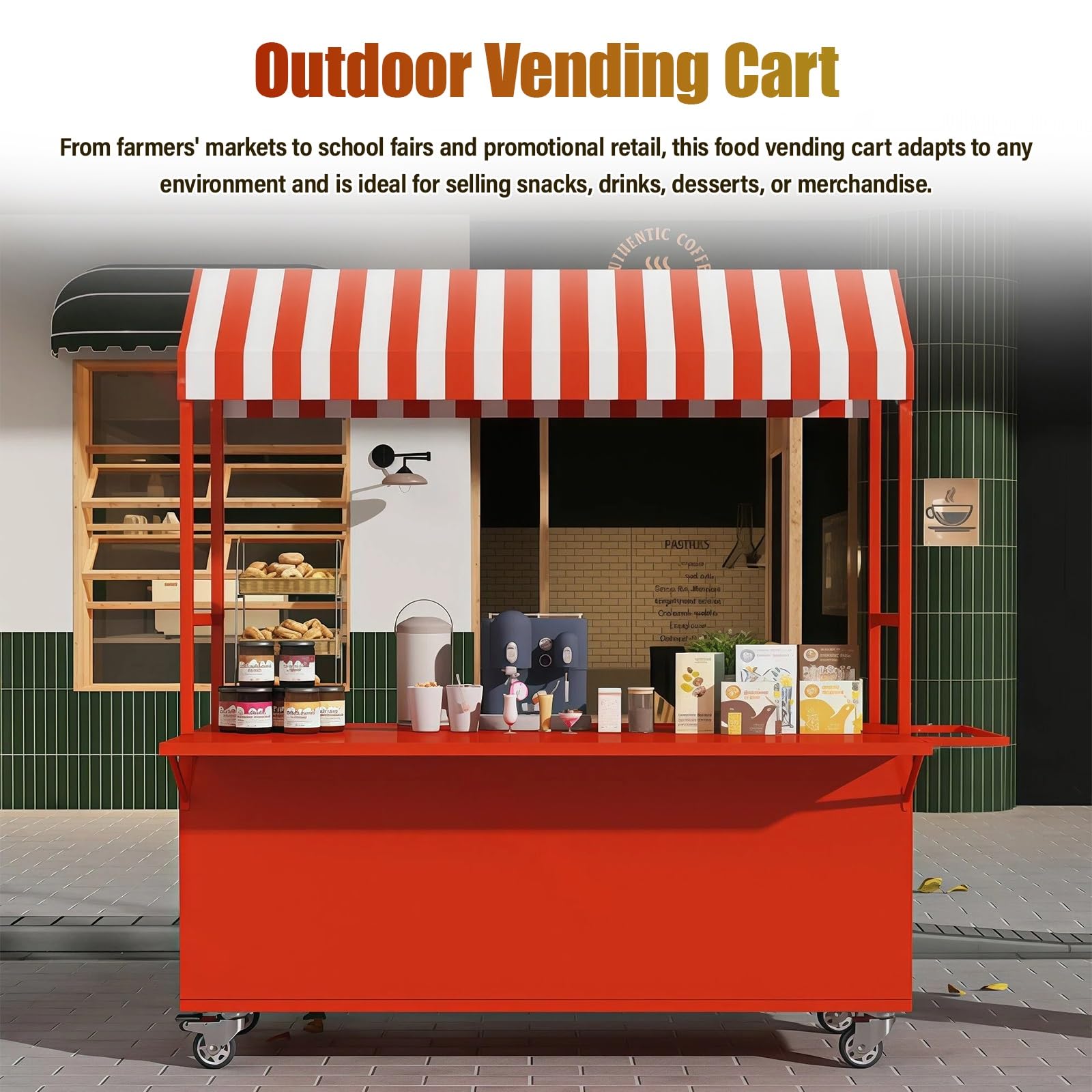 Carrello per alimenti da esterno con tettoia a righe, ruote bloccabili, piano del tavolo espandibile, carrello portatile in metallo per festival di strada, camion alimentari, eventi di catering
