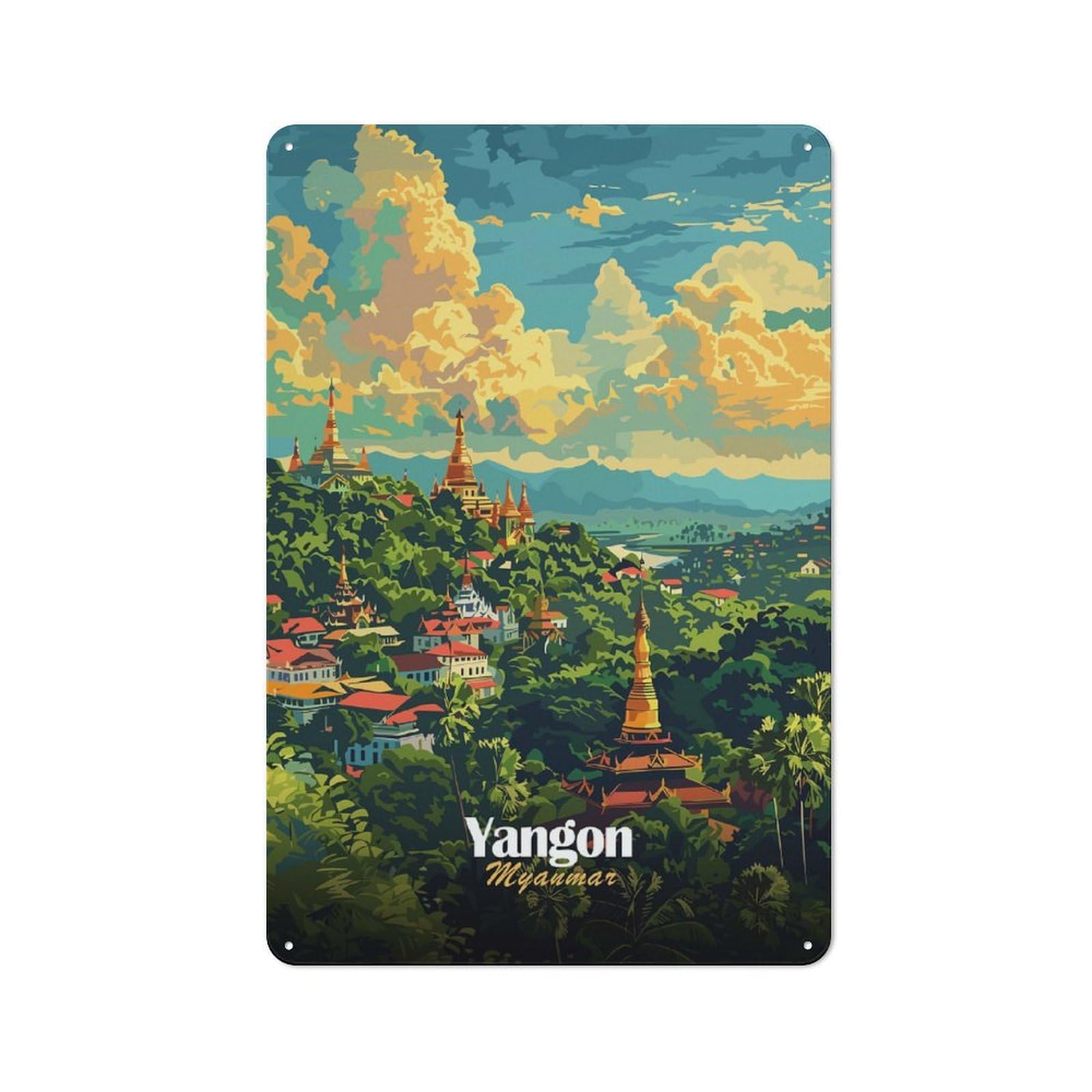 Junmoney Style-4 Yangon, Myanmar Cityscape Decorative Tin Sign 30X20cm, Rustic Rustic Kitchen Decor For Kitchen, Cottage, Porch Or Garden Room