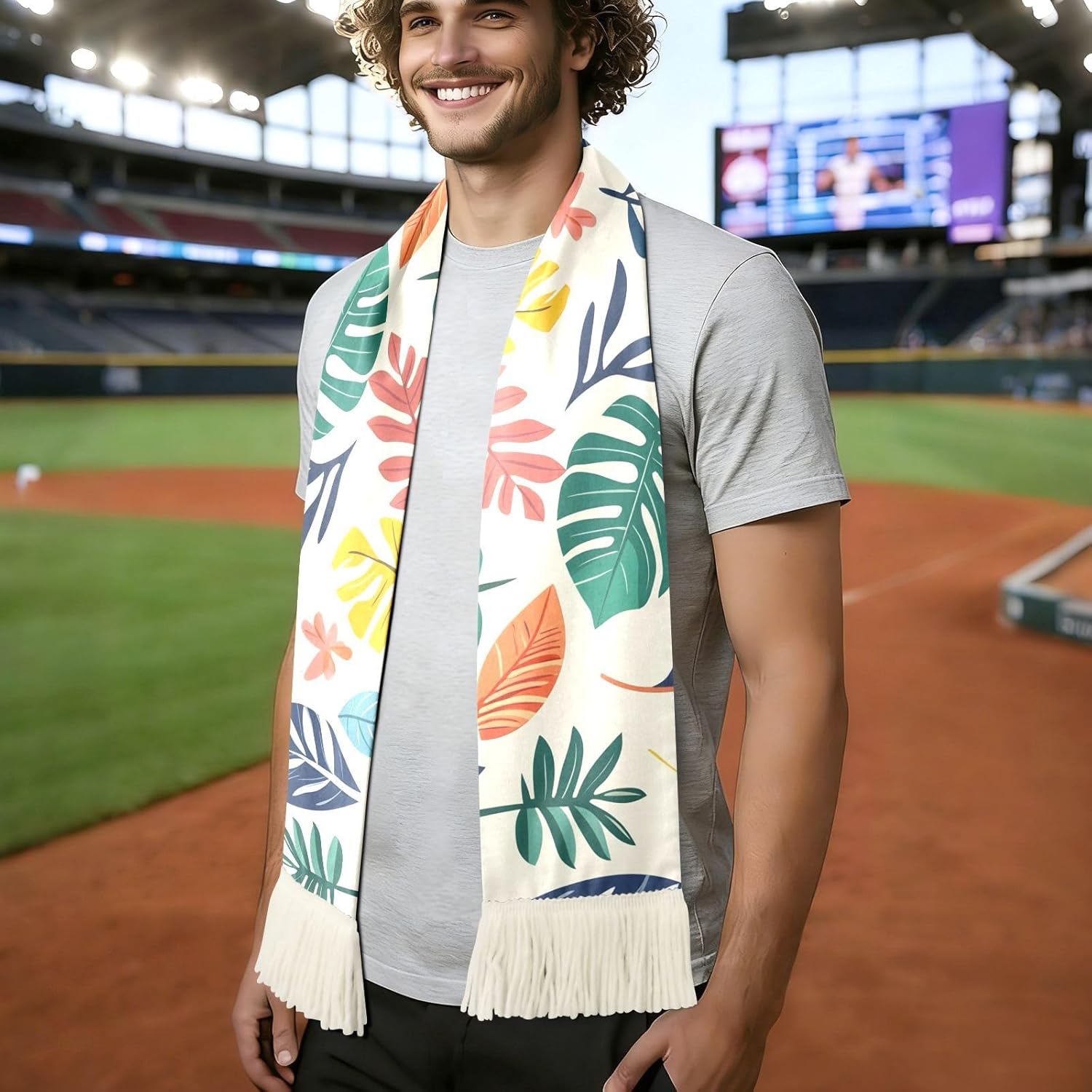 CHIFIGNO Colorful Tropical Leaves Sports Fan Scarf Towel, Soft Polyester Rally Towel for Soccer Game Cheering, Quick Dry with Fringe Ends