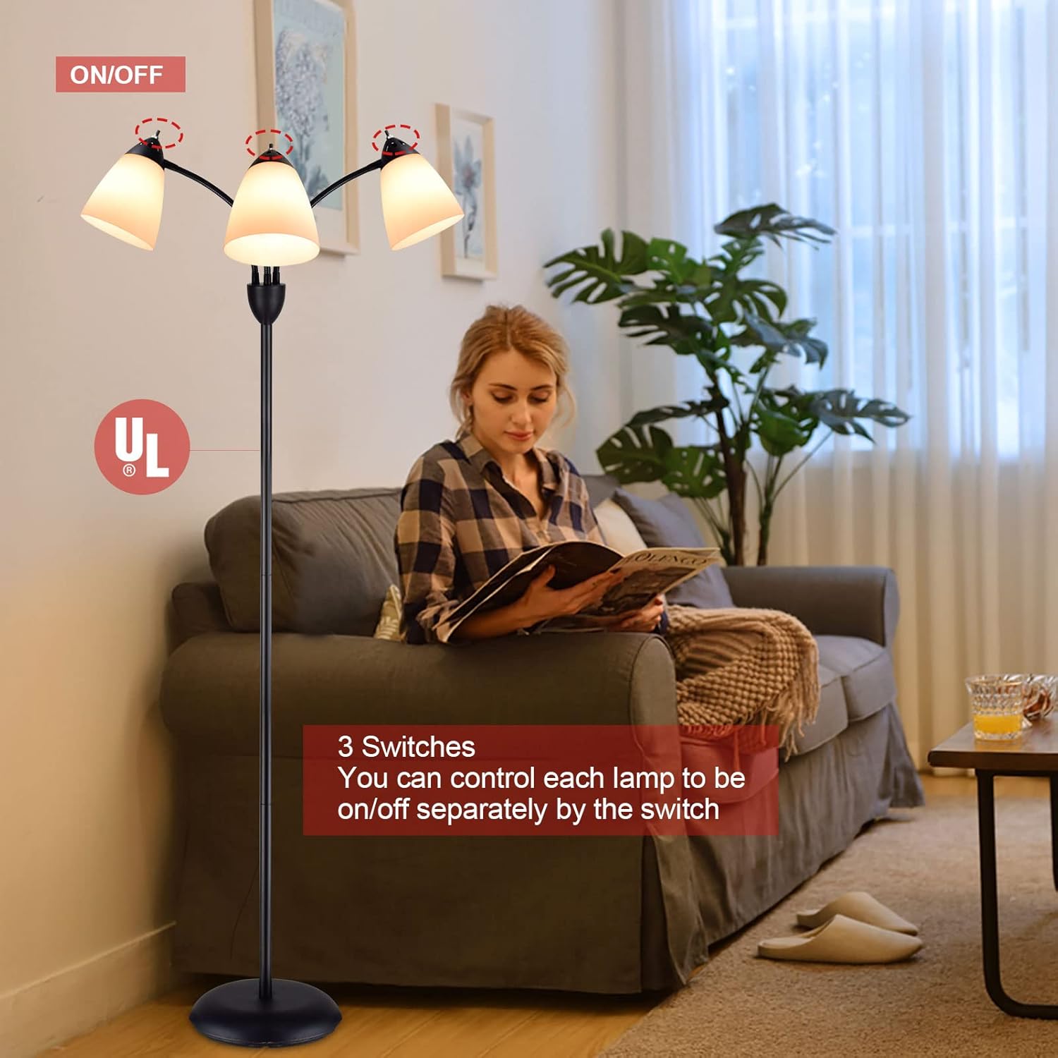Image showing the floor lamp in a living room setting, highlighting the individual on/off switches on each light head.