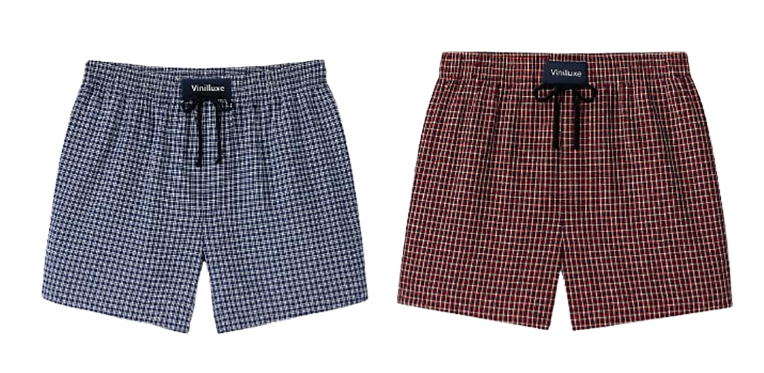 vinilluxe Men's Cotton Plaid Boxer Shorts with Drawstring Waist and Side Pockets, Blue and Red with Black Check Pattern, Pack of 2-picture-24