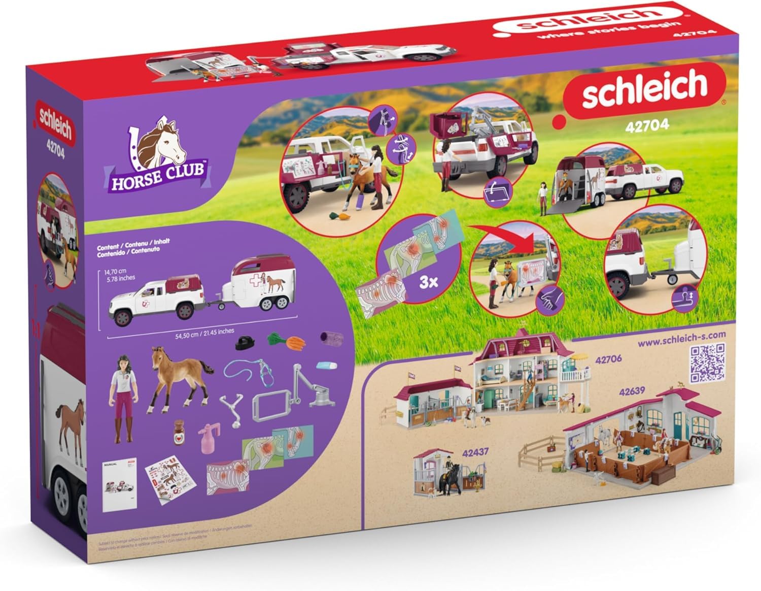 schleich HORSE CLUB | Weterynarz mobilny z przyczepą 42704 | Zestaw Pick-up & przyczepa, 1 koń, ruchoma figurka i akcesoria | Prezent dla dziewczynek i chłopców | Zabawka od 5 lat | 90 elementów