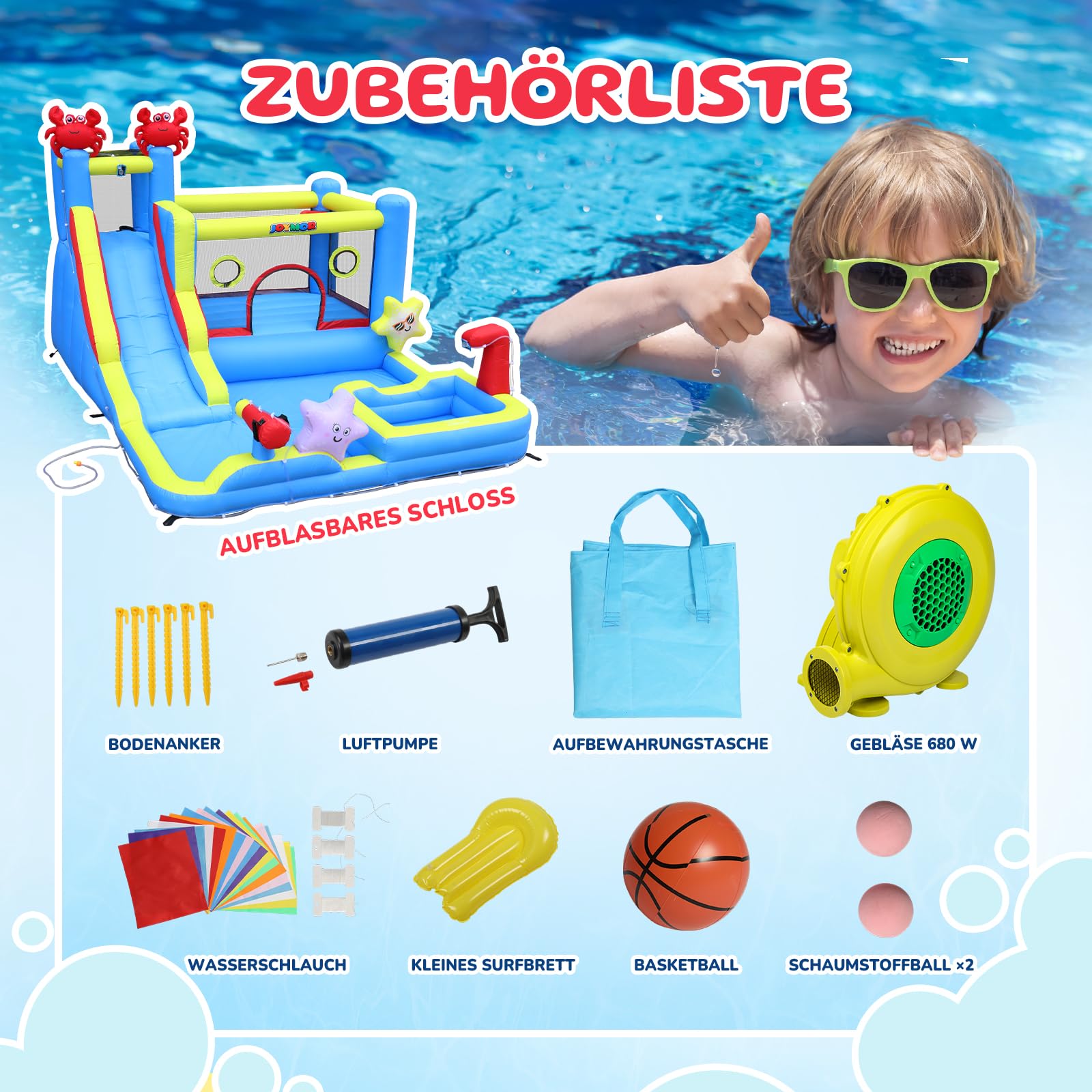 Bonnlo hüpfburg Indoor/Outdoor, hüpfburg mit Gebläse und Troken-/Wasserrutsche, Spielhaus Outdoor für Kinder ab 3 Jahre (Blau-XXL)