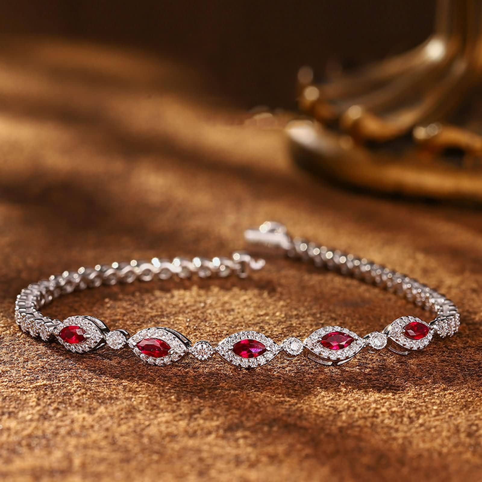 Pulsera de Oro Blanco 9 K / 14 K / 18 K Mujer, Marquesa con Rubí Creado de 0,75 ct y Moissanita, Cadena 16 CM, Pulseras Mujer de Plata Rojo