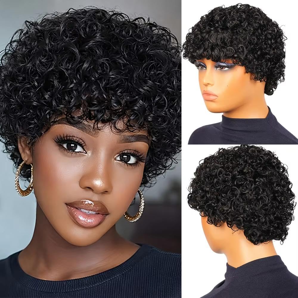 Accesorios Pelucas Peluca Cabello Humano Corte Rizado Y Rizado Negro Corto Para Mujer Con Flequillo Densidad Del 180% Hecha A Máquina Completa