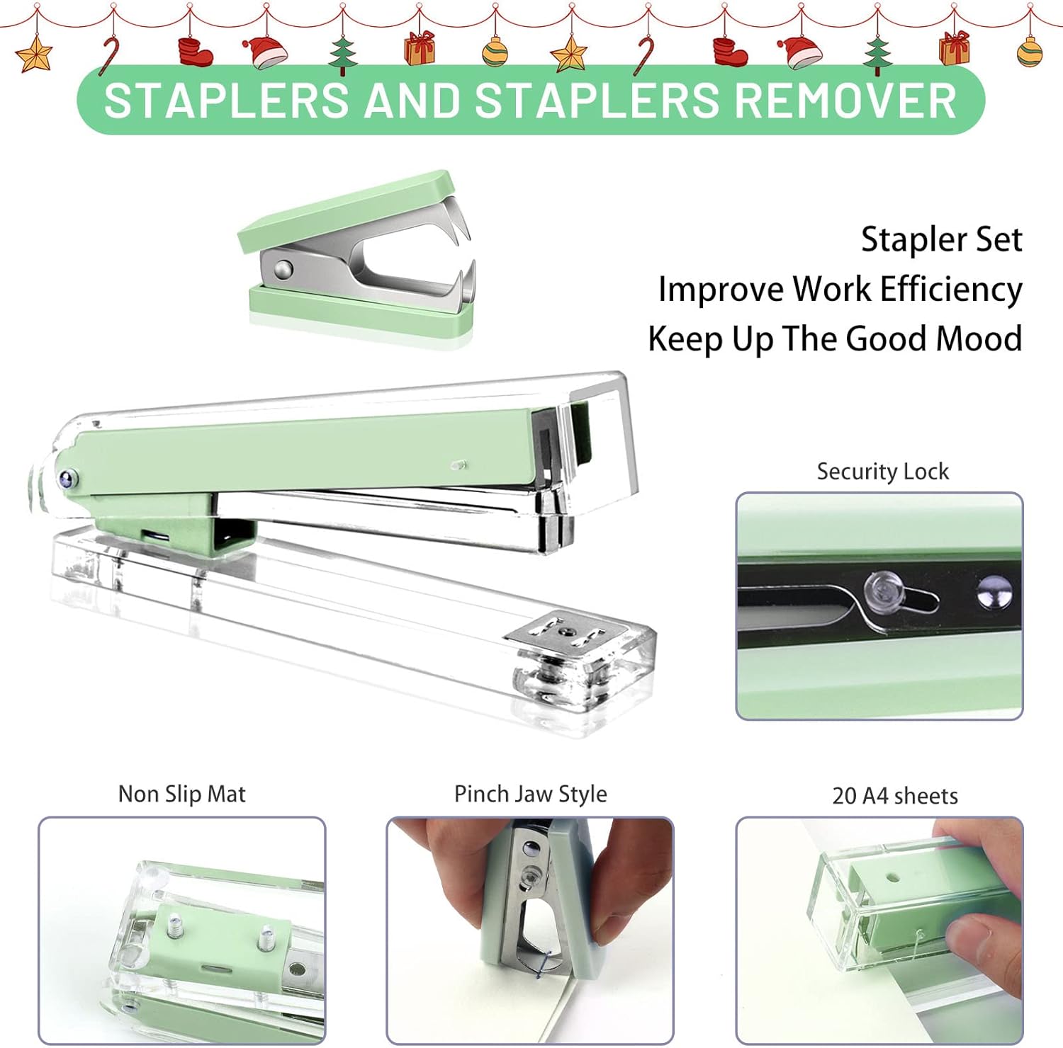Green Desk Accessory Kit, Acrylic Stapler Set, Office Supplies Set for Women and Student, with Tape Dispenser, Staple Remover, Ballpoint Pen, 1000 Staples, Gift Bag and Gift Boxes