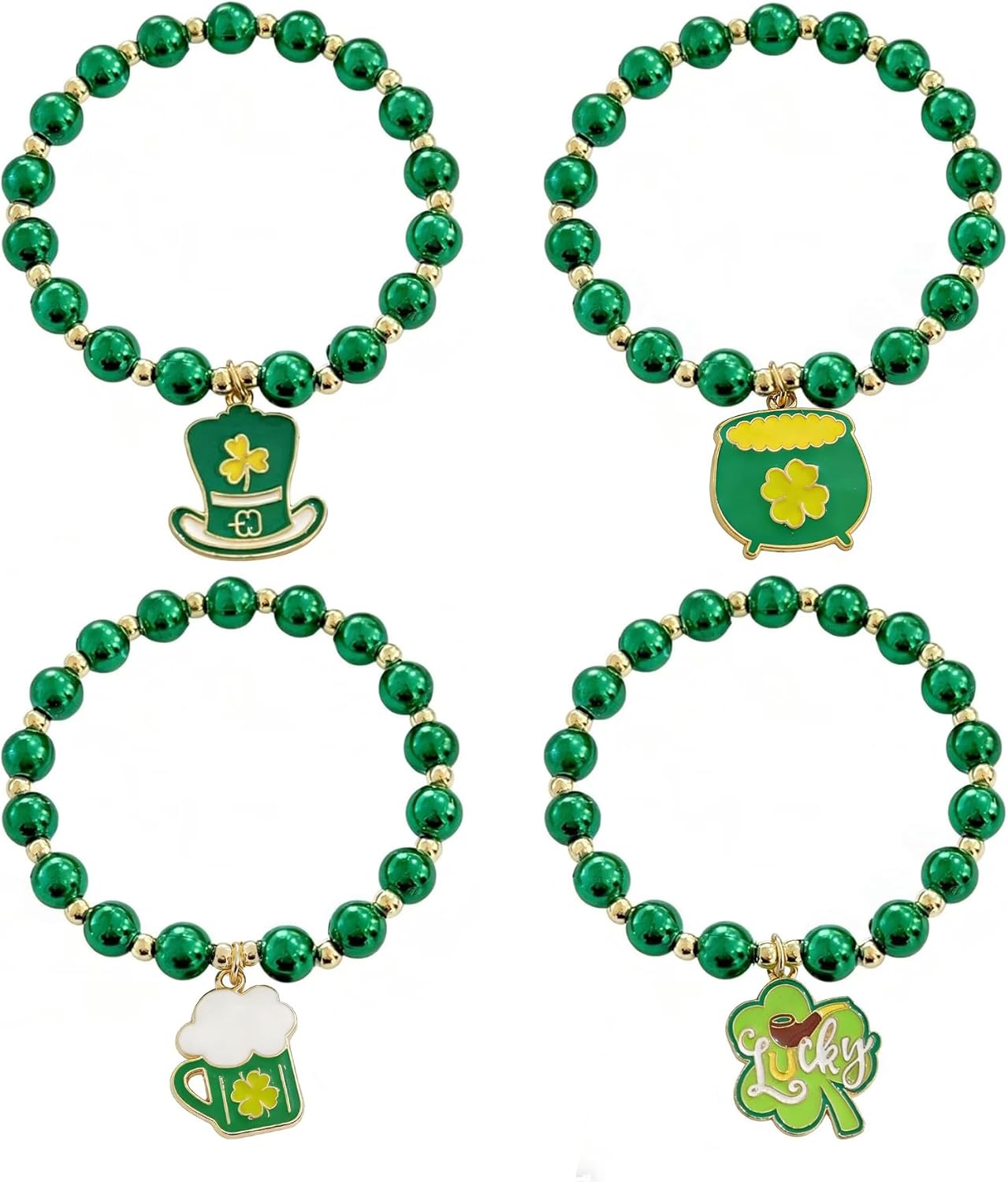 St. Patrick’s Day Green Beaded Bracelets Set for Women, Shamrock & Lucky Charm Stretch Bracelets, Irish Holiday Party Jewelry for Parade, Celebration & Everyday Wear
