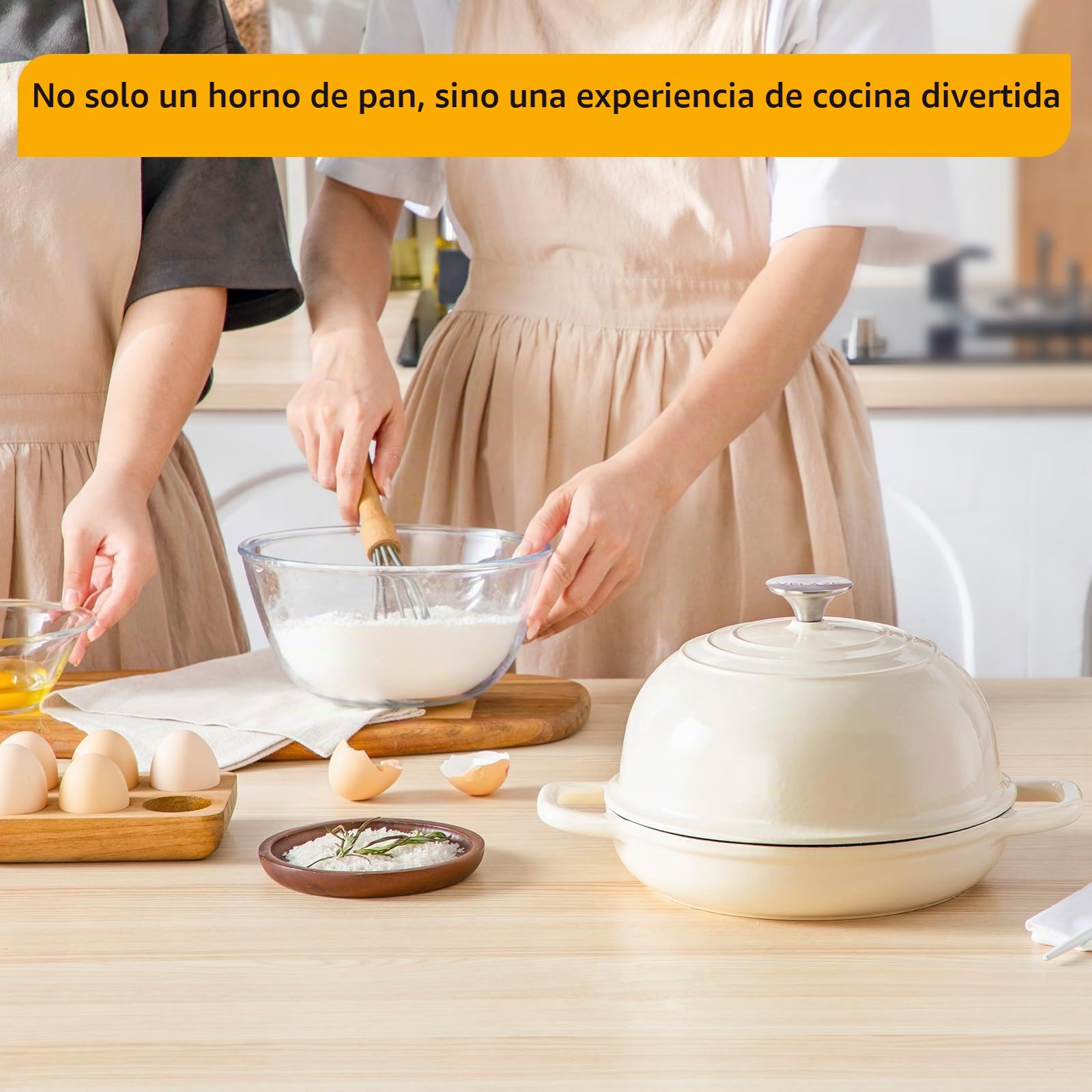 Velaze Olla de Hierro Fundido 4.8L - Cacerola Holandesa Redonda Esmaltada y Antiadherente Ø24cm con Tapa - Para Hacer Pan, Hornear e Inducción (Beige)