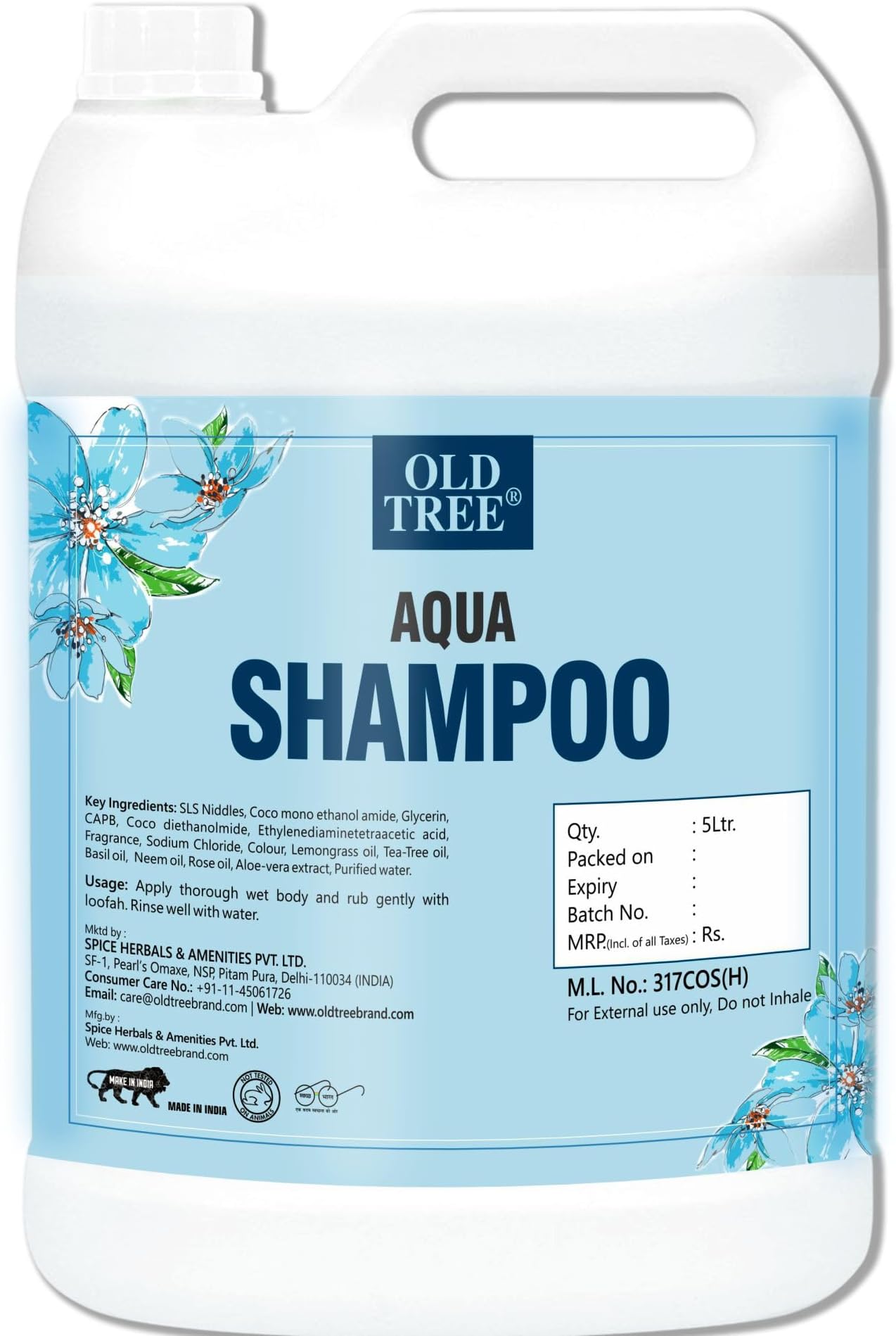 Old Tree Aqua Hair Shampoo 5L for Hotel Rooms, Hospital, Guest House - Bulk Refill Shampoo Kit for Silky and Shiny Hair
