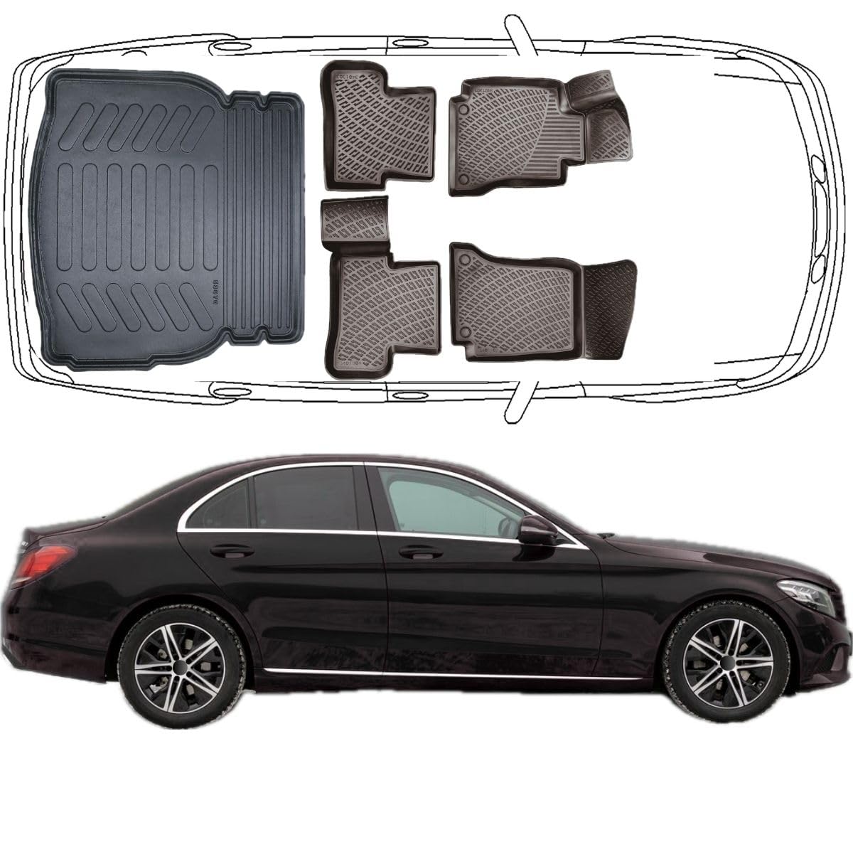 Trimak 3D Komplettset für Mercedes C Klasse W205 Limousine 2014-2021 | *für umklappbare Rücksitze*, Fussmatten & Kofferraumwanne, Gummimatten & Kofferraummatte aus TPE Gummi, Passgenau