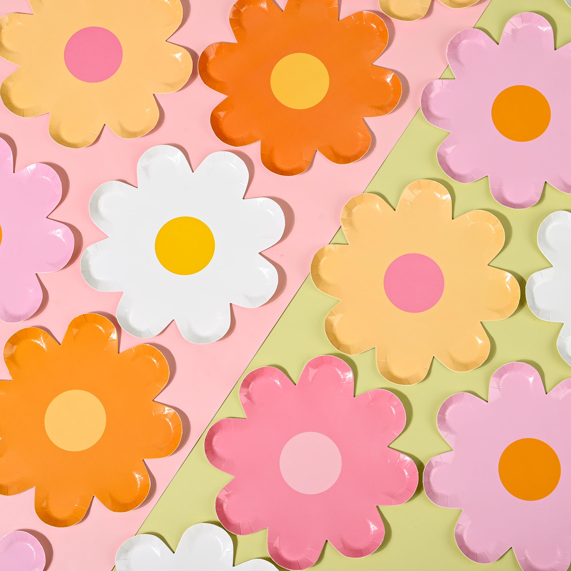 AimFun Platos de papel desechables de margaritas, platos de postre en forma de flor de 7 pulgadas, platos de postre bohemios hippie, retro, para cumpleaños, baby shower, boda, suministros de