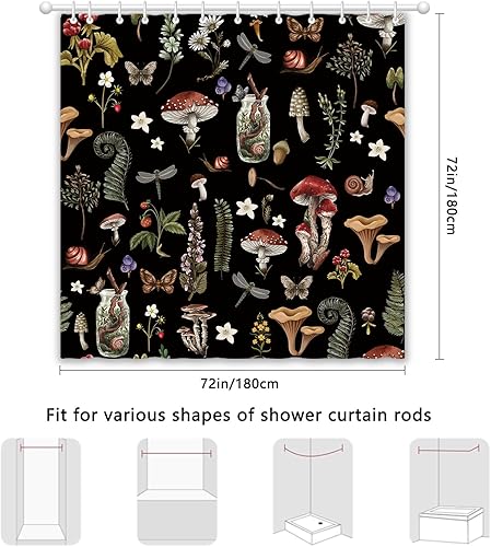 Miniatura 3 de Cortina de ducha retro de hongos para baño, diseño retro de hadas, flores, plantas, negro, mariposa, libélula decoración del baño, tela impermeable