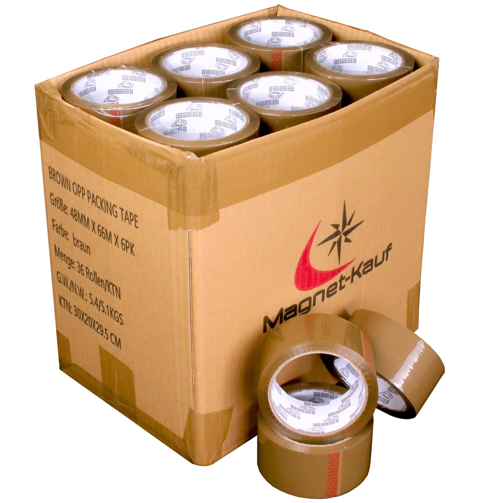 Magnet-Kauf 36 rollos de cinta adhesiva para paquetes, color marrón, 48 mm x 66 m, cinta adhesiva fuerte, cinta de embalaje