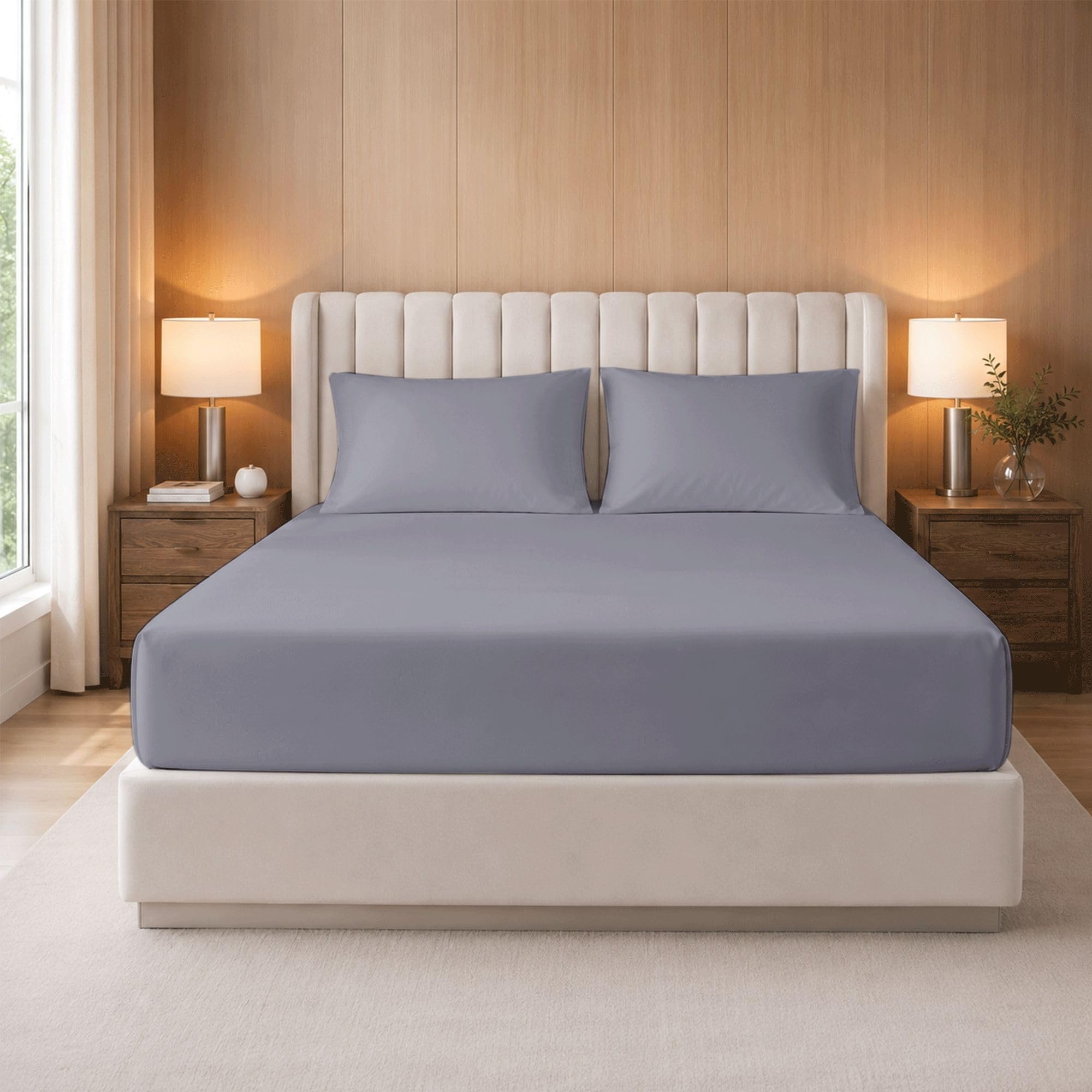 Bloombedding Silver 100% Egyptian Cotton Double Size Fitted Sheet, 400 Thread Count Extra Deep 35Cm Pocket, Luxury Bedding Set With 2 Pillowcases