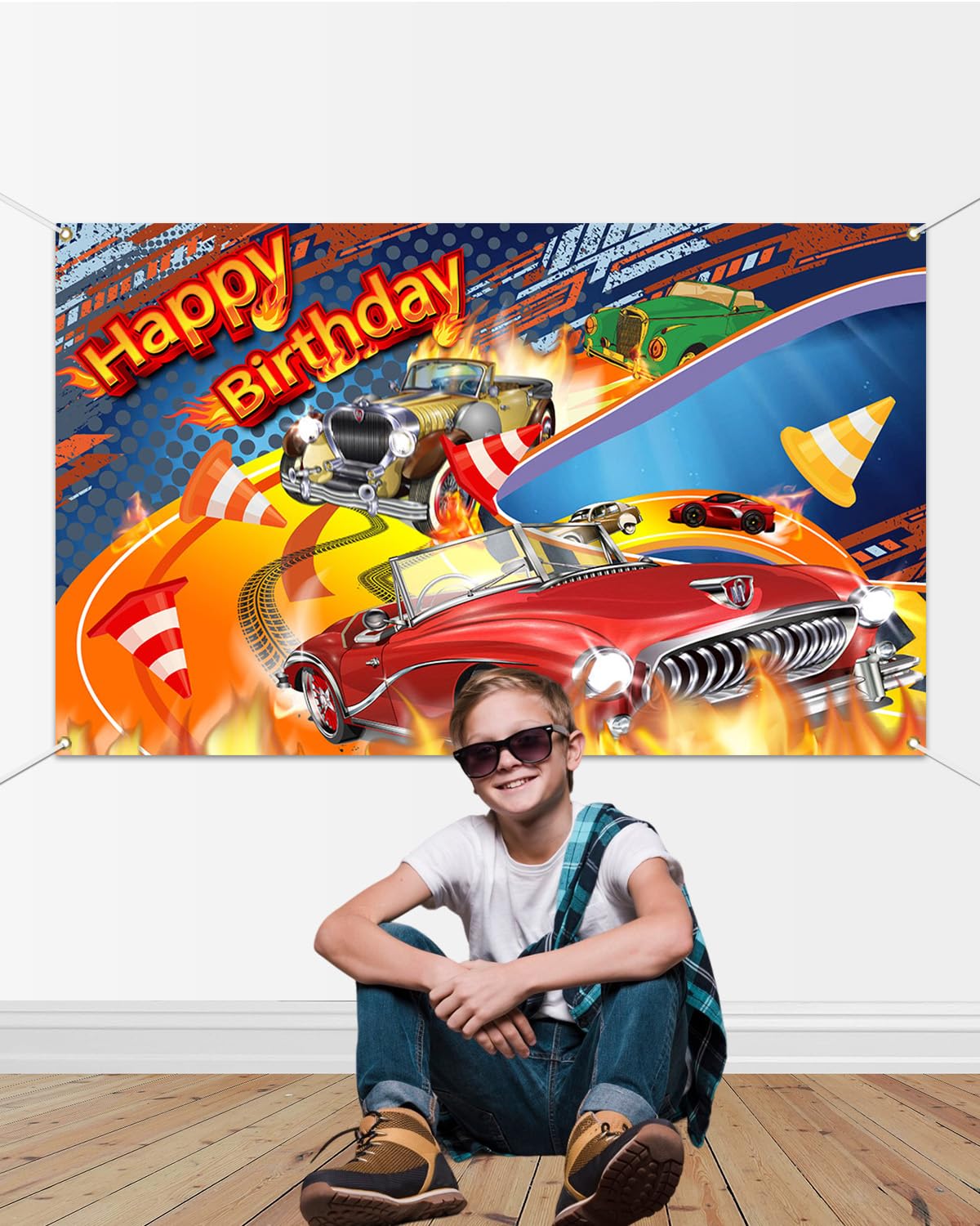 Rennwagen-Hintergrund 'Happy Birthday' – 179,8x110 Cm, Polyester, Für Kinderpartys
