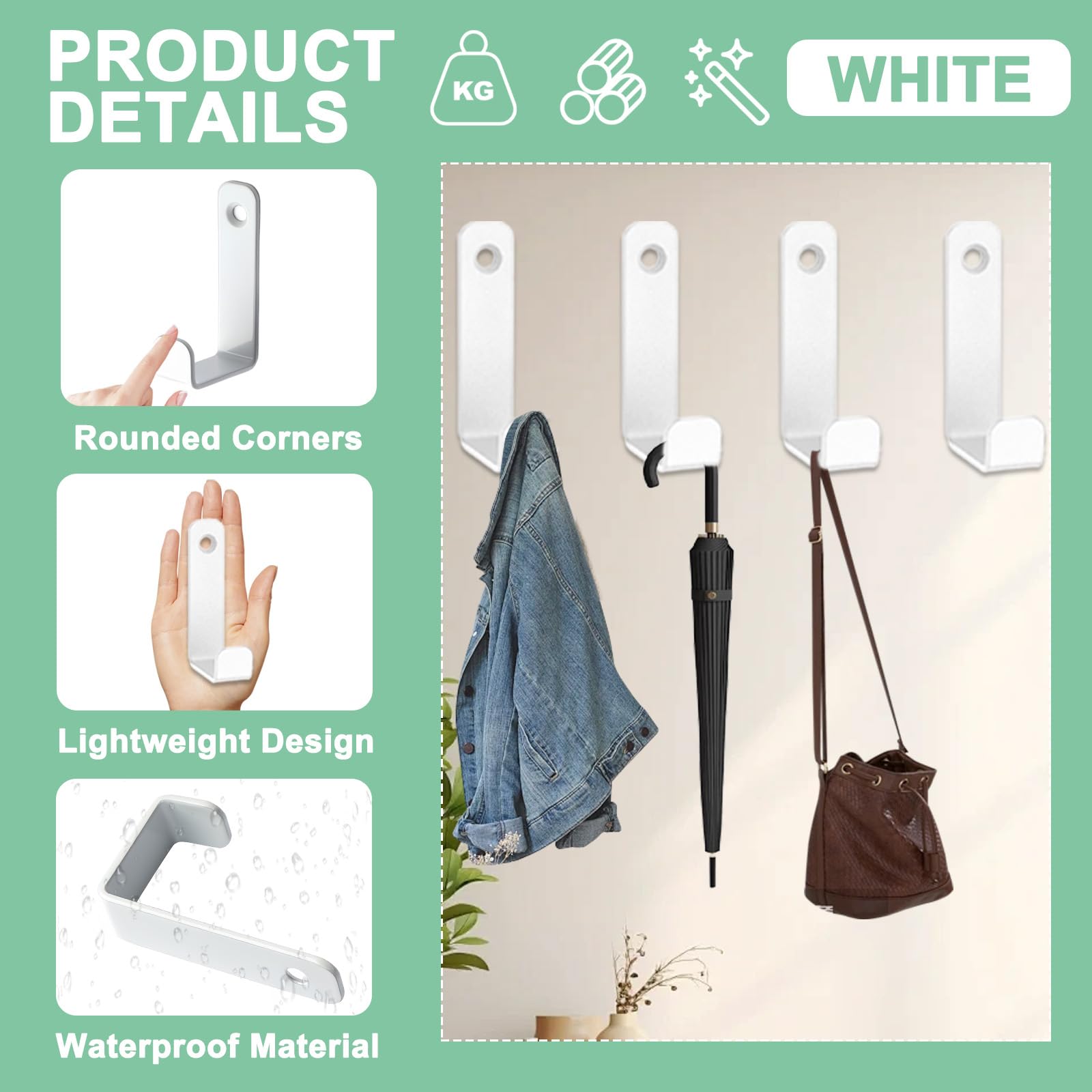 12 Crochets Muraux Blancs - Porte-manteaux, Patères - Acier Carbone - Fixation Vis Incluse - Pour Salle De Bain, Cuisine, Entrée