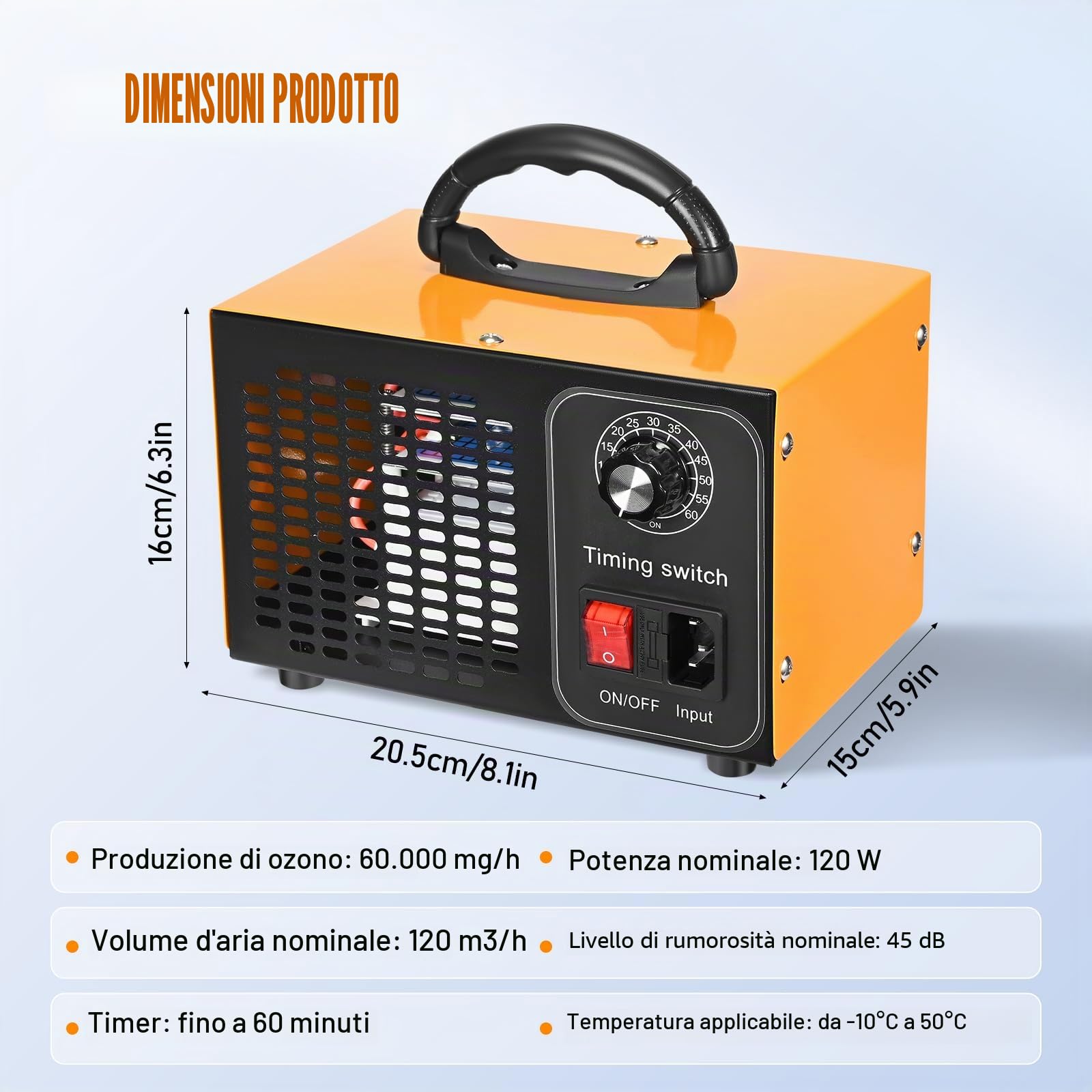 Generatore di ozono 60000 mg/h, 400 ㎡, purificatore d'aria e timer da 60 minuti, purificatore d'aria O3, purificatore d'aria per auto, purificatore d'aria e deodorante (versione avanzata)