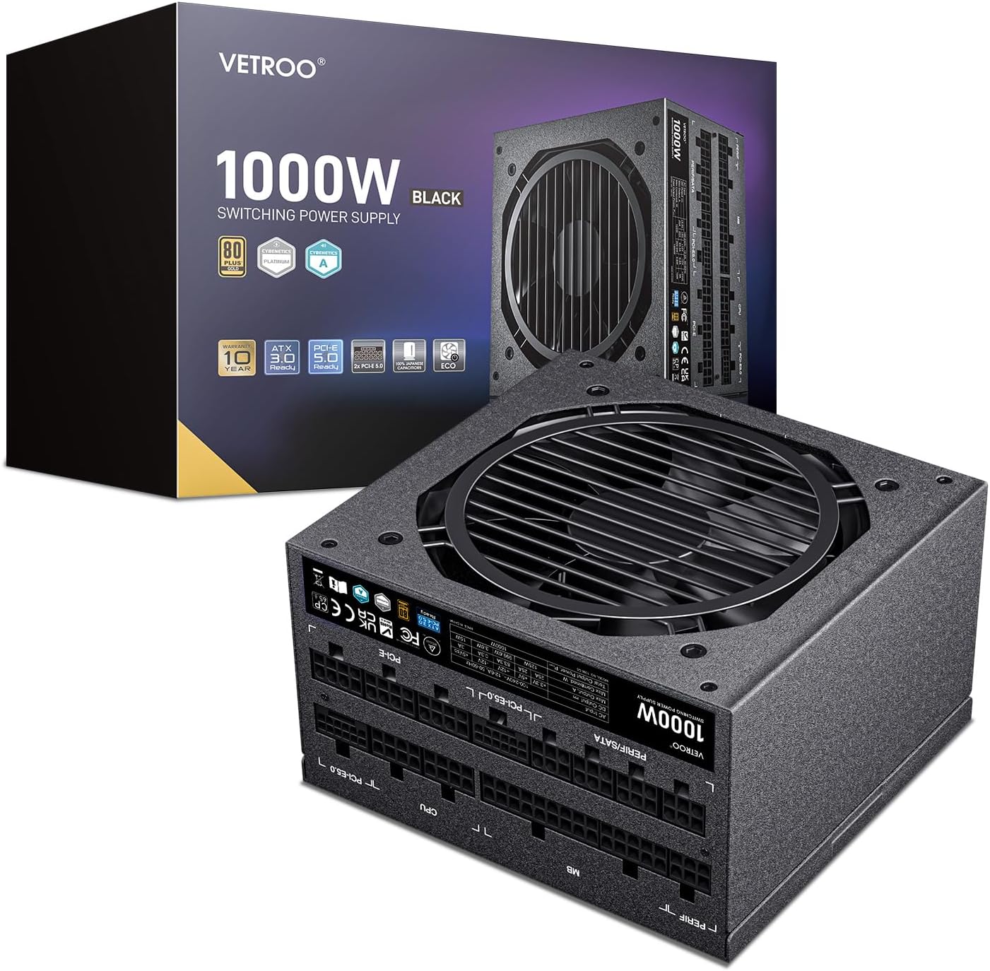 Vetroo 1000W Black Power Supply ATX 3.0 Ready Dual PCIe 5.0, 80 Plus Gold Full Modular, Compact Size, Japanese 105°C Capacitors, Eco Mode with 120mm FDB Fan, 10 Year Warranty, for Gaming PC and More