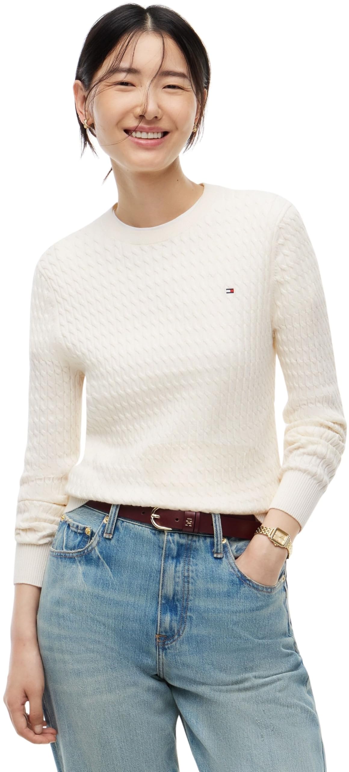 Tommy Hilfiger Damen Co Cable C-nk Ls Sweater Ww0ww44993 Pullover Sweater, Elfenbeinfarbenes Blütenblatt, S