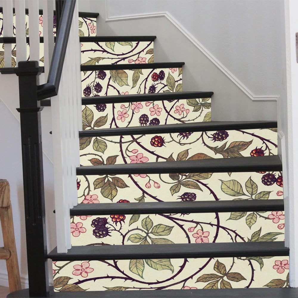 REDAMANCY Boho Beige Olive Leaves Flower Peel and Stick Vinyl Stair Riser Decals Staircase Tile Stair Stickers Abstract Art Modern Decoration Self-Adhesive Home Decor Stair Decals (14Pcs)
