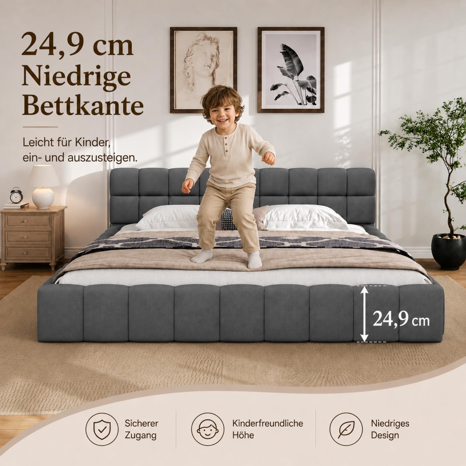 Fofetbfo Polsterbett 140x200, Doppelbett mit Bettkasten, Bubble Bett Jugendbett mit Lattenrost und Gepolstertes Kopfteil, Flachbett Gästebett, Leinen Beige,ohne Matratze (grau, 140x200 cm)