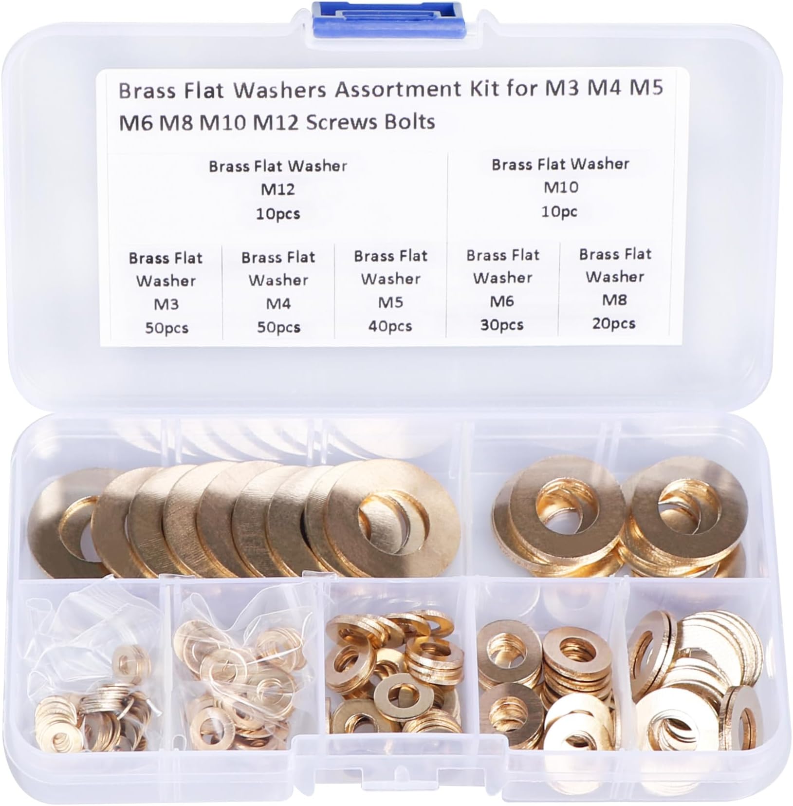 Brass Flat Washer Gasket Kit – 210 Pieces Washers Assortment for M3, M4, M5, M6, M8, M10 and M12 Screws and Bolts