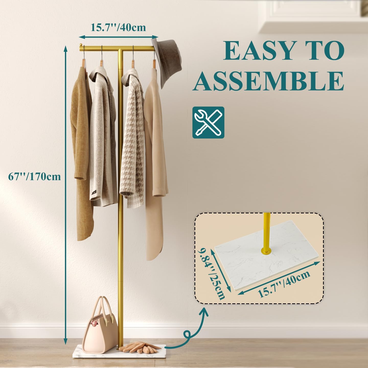 Modern Boutique Clothing Display Stand,67 Inch T-shaped Gold Coat Rack,Heavy Duty Large Clothes Display Rack
