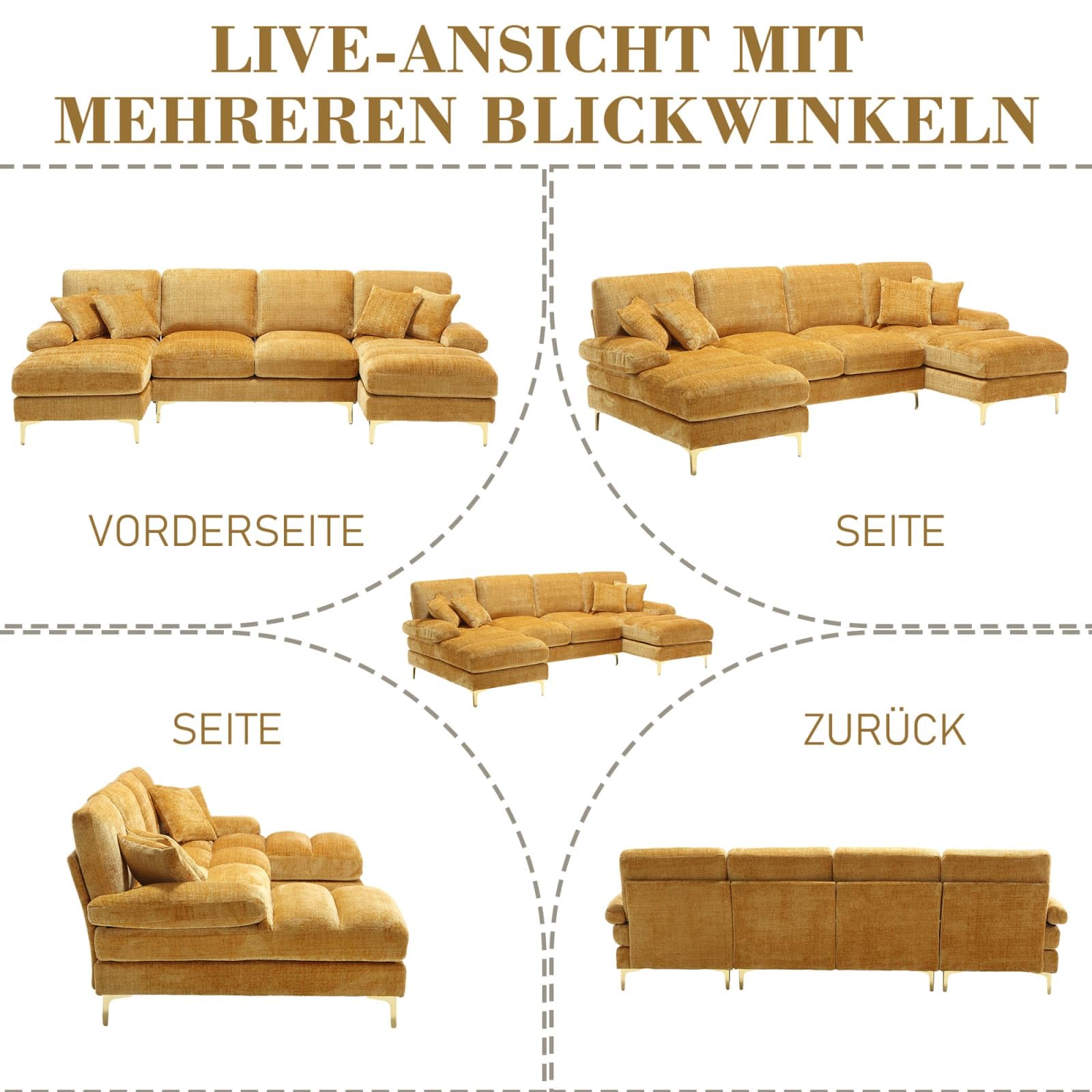 Canapé Modulaire 4 Places En U - Gris, Inclinables, Structure Bois, Pieds Dorés, Dimensions 272x136 Cm