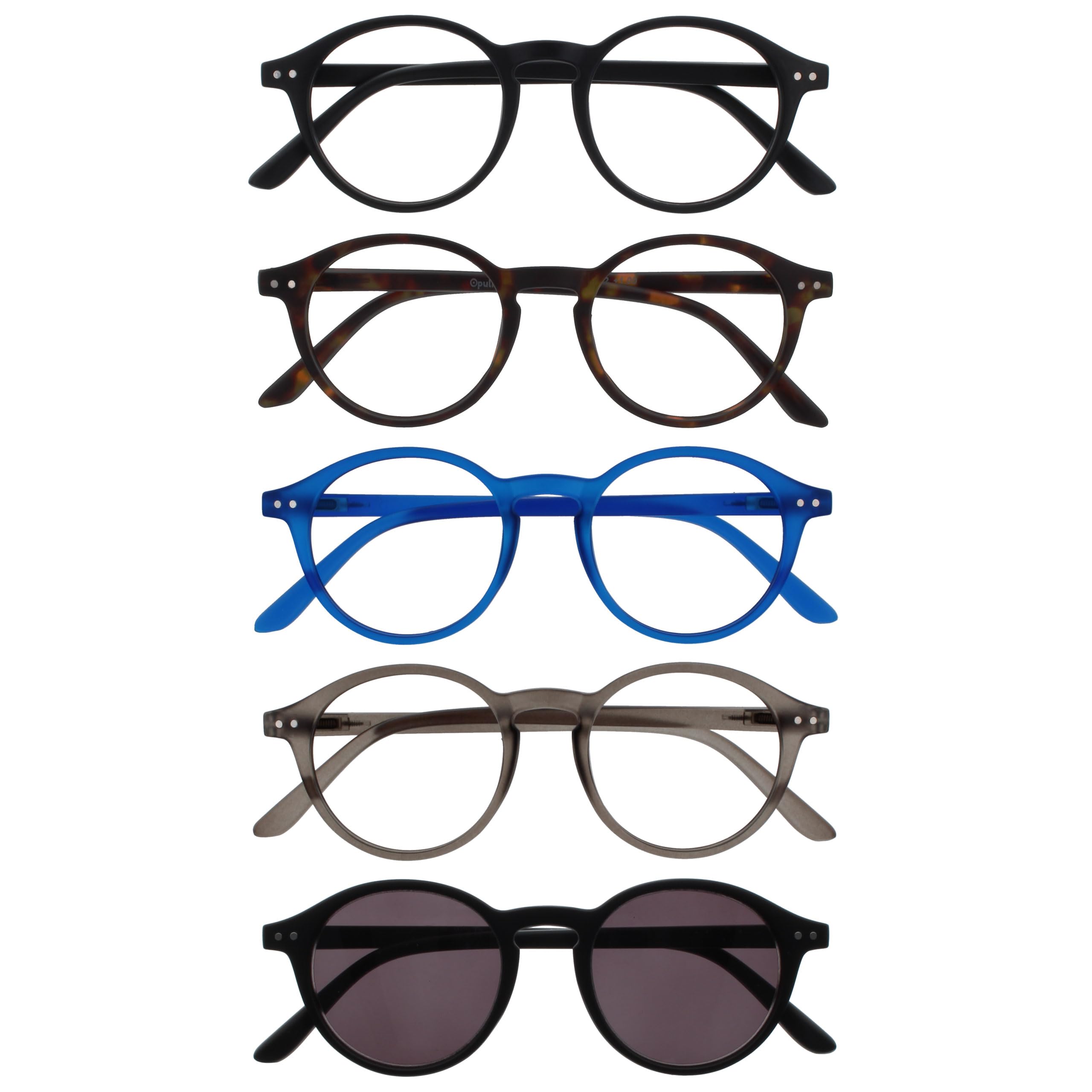 OPULIZE REY Reading Glasses and Reading SunGlasses for Women Men, Round Frame with Spring Hinges, Matte Black, Brown, Blue, Grey, Black +1.00 (Pack of